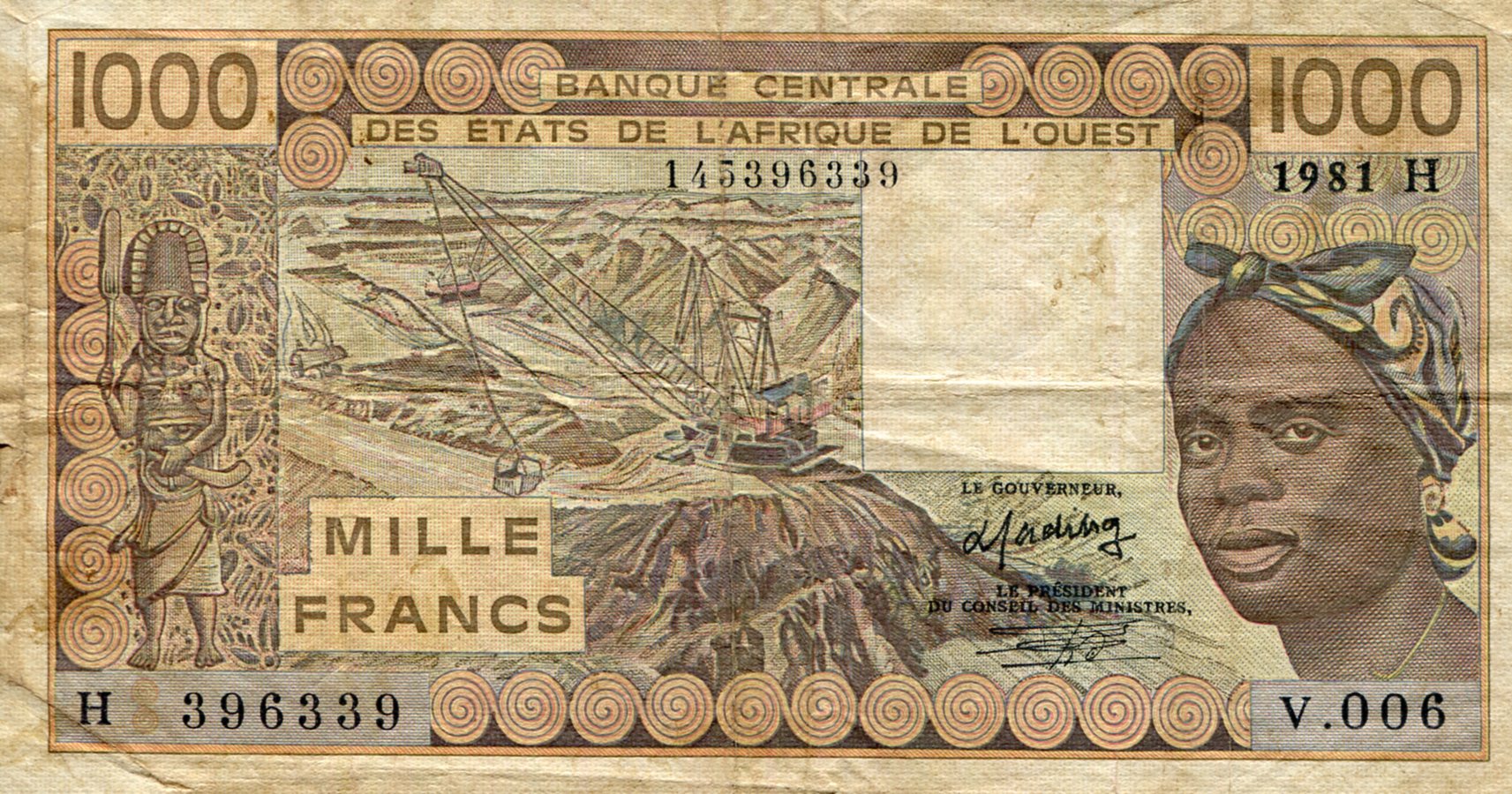 Niger 1,000 Francs F/VG (See large scan) Pinholes pick #: 607Ha1