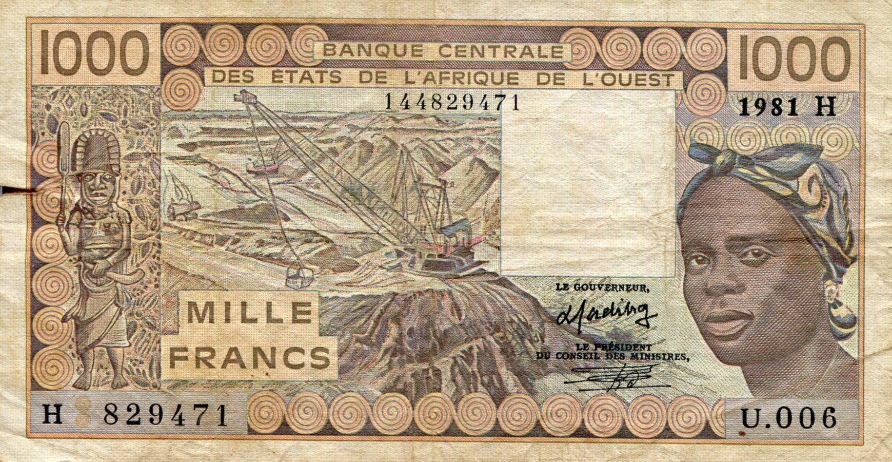 Niger 1,000 Francs VG (See large scan) Tear into note pick #: 607Ha1
