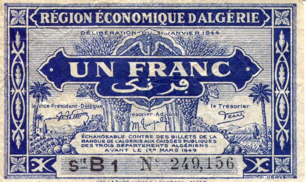 Algeria 1 Francs VG (See large scan) pick #: 98a