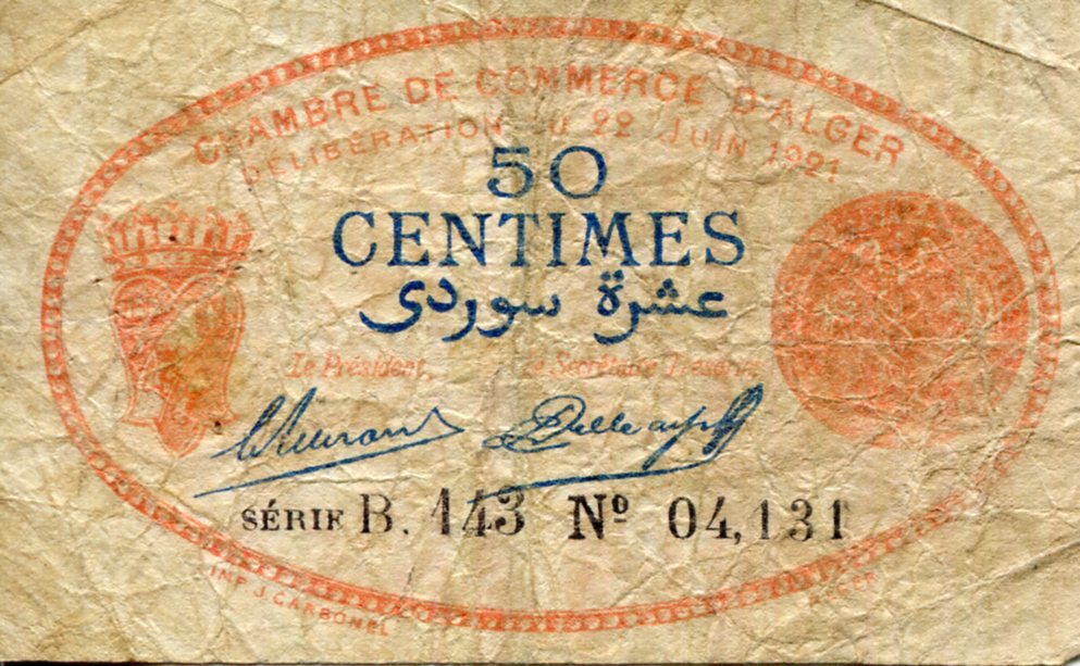 Algeria 50 Centimes VG (see large scan) small pinholes pick #: UK