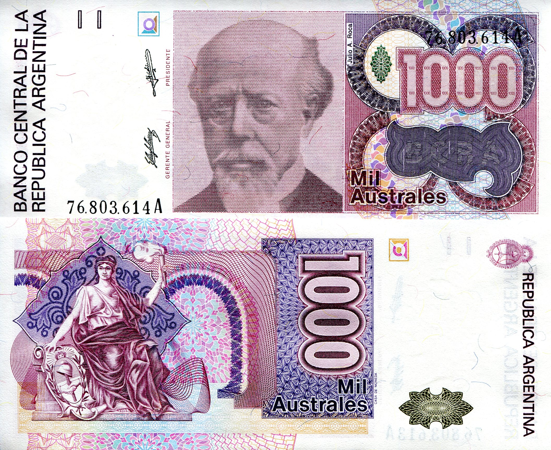 Argentina  1,000 Australes UNC pick #: 329a