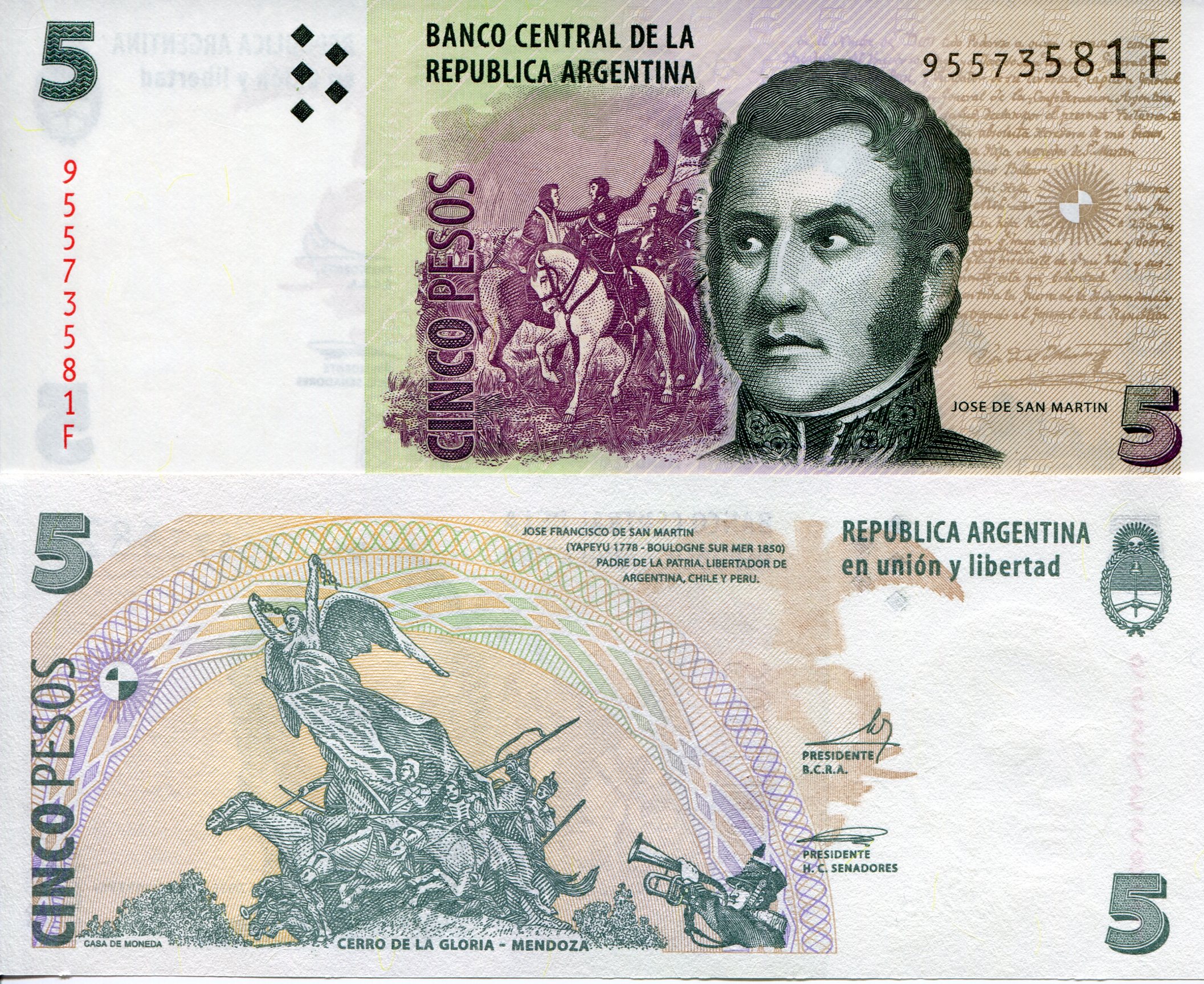 Argentina  5 Pesos UNC pick #: 353d 