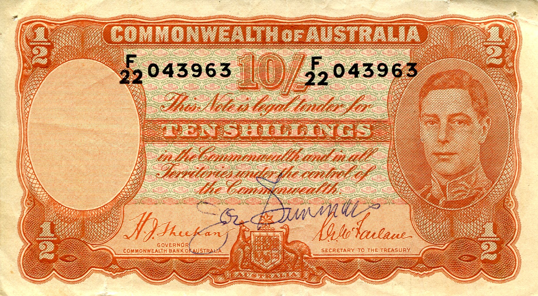 Australia  10 Shillings F (hole) pick #: 25a