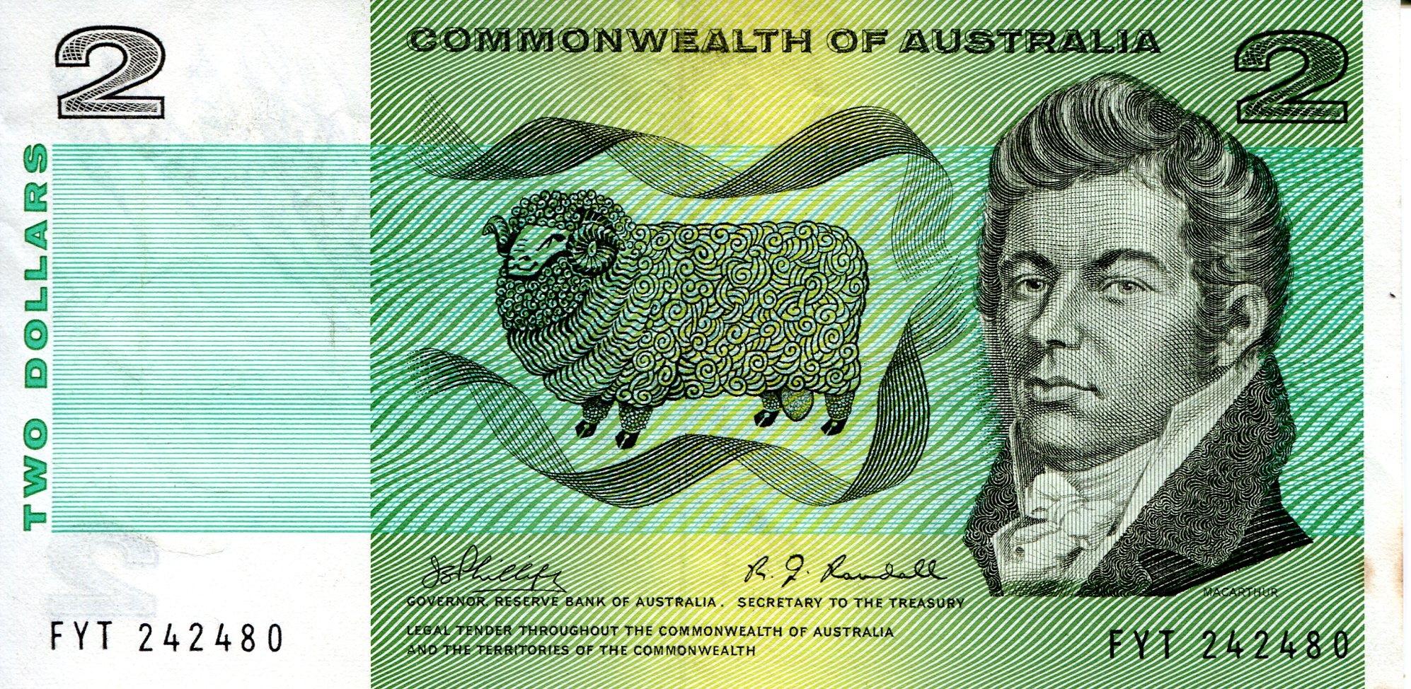 Australia  2 Dollars VF+ (foxing/corner issues) pick #: 38c