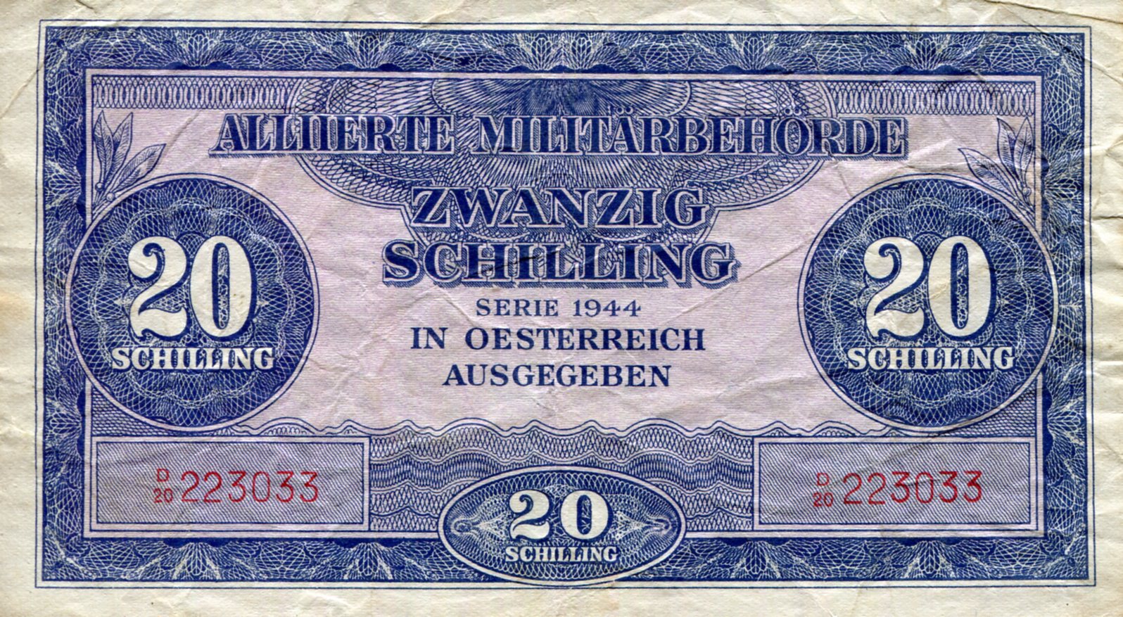 Austria 20 Schilling F (see large scan) pick #: 107a
