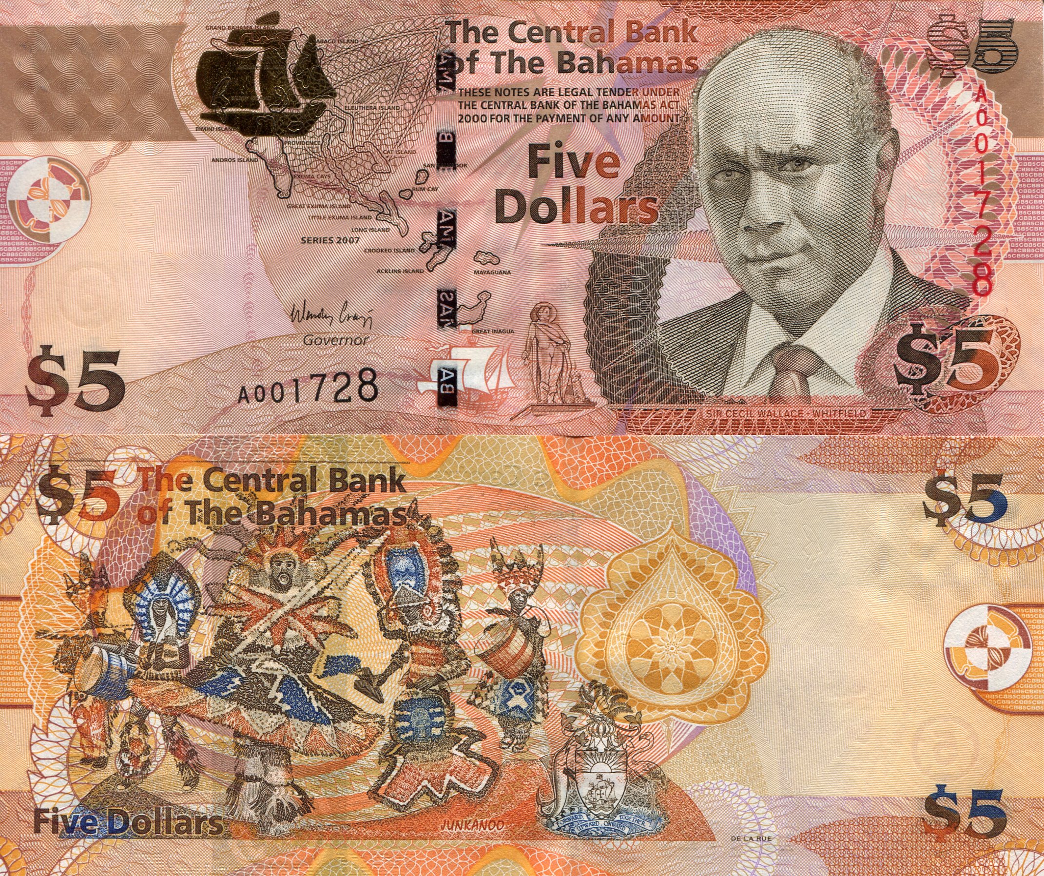 Bahamas  5  Dollars XF (TRH corner crease) Crinkly  pick #: 72
