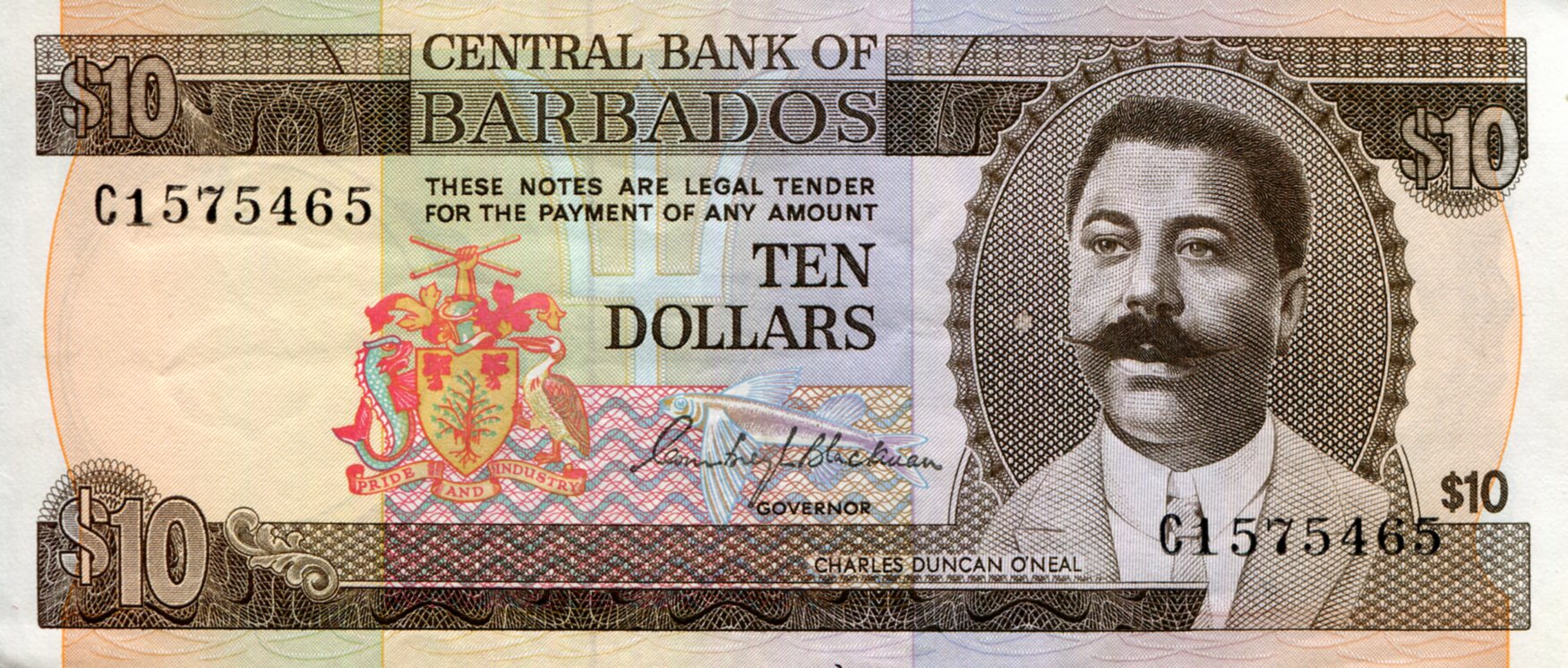 Barbados 10 Dollars aUNC (See large scan) pick #: 33a