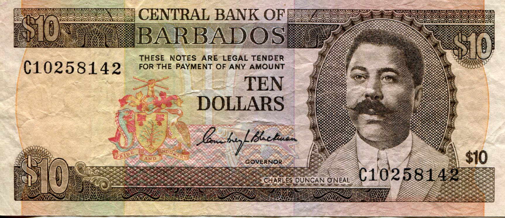 Barbados 10 Dollars VF (See large scan) pick #: 33a