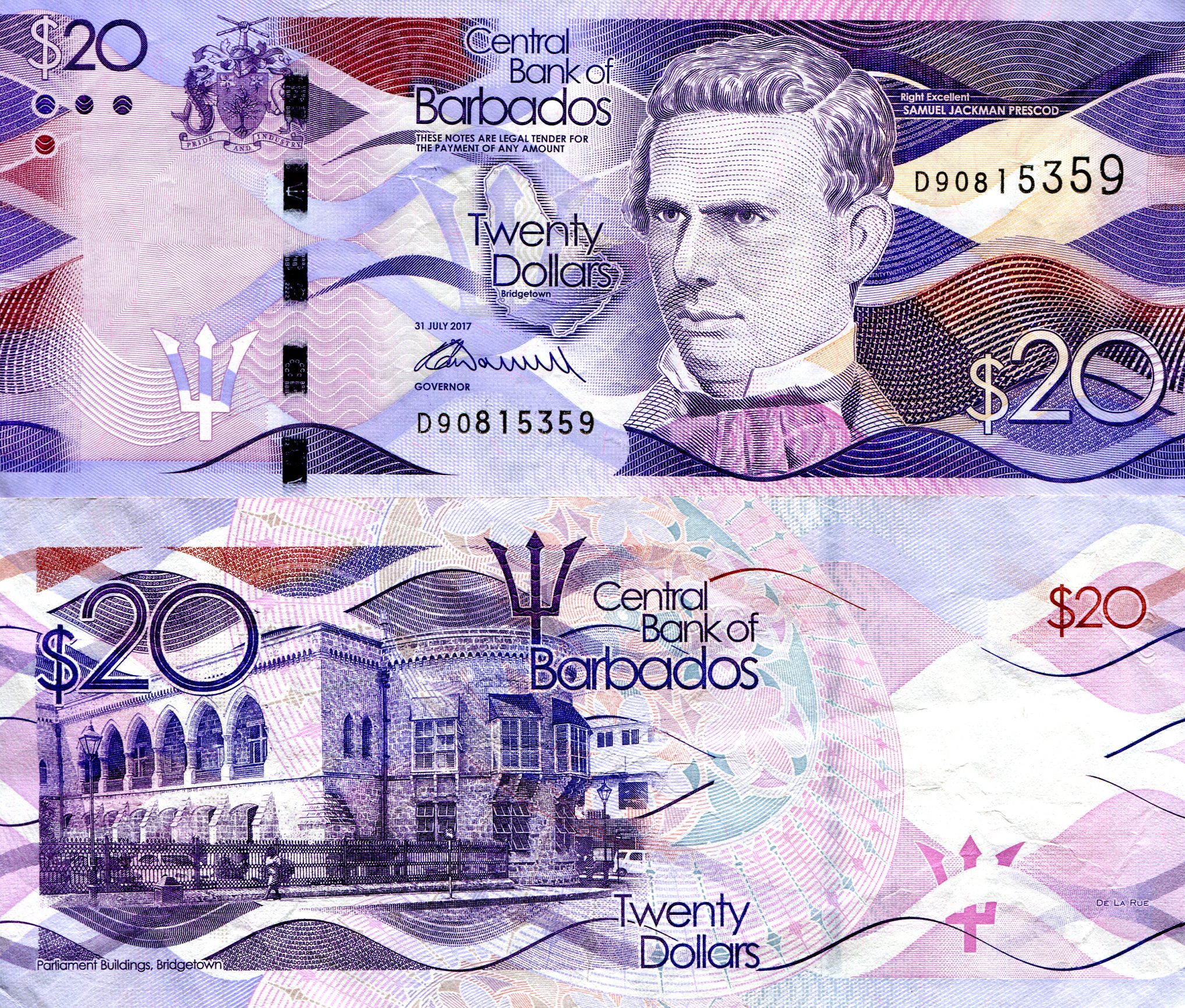 Barbados 20 Dollars F/VG (folds in note) pick #: 76b 