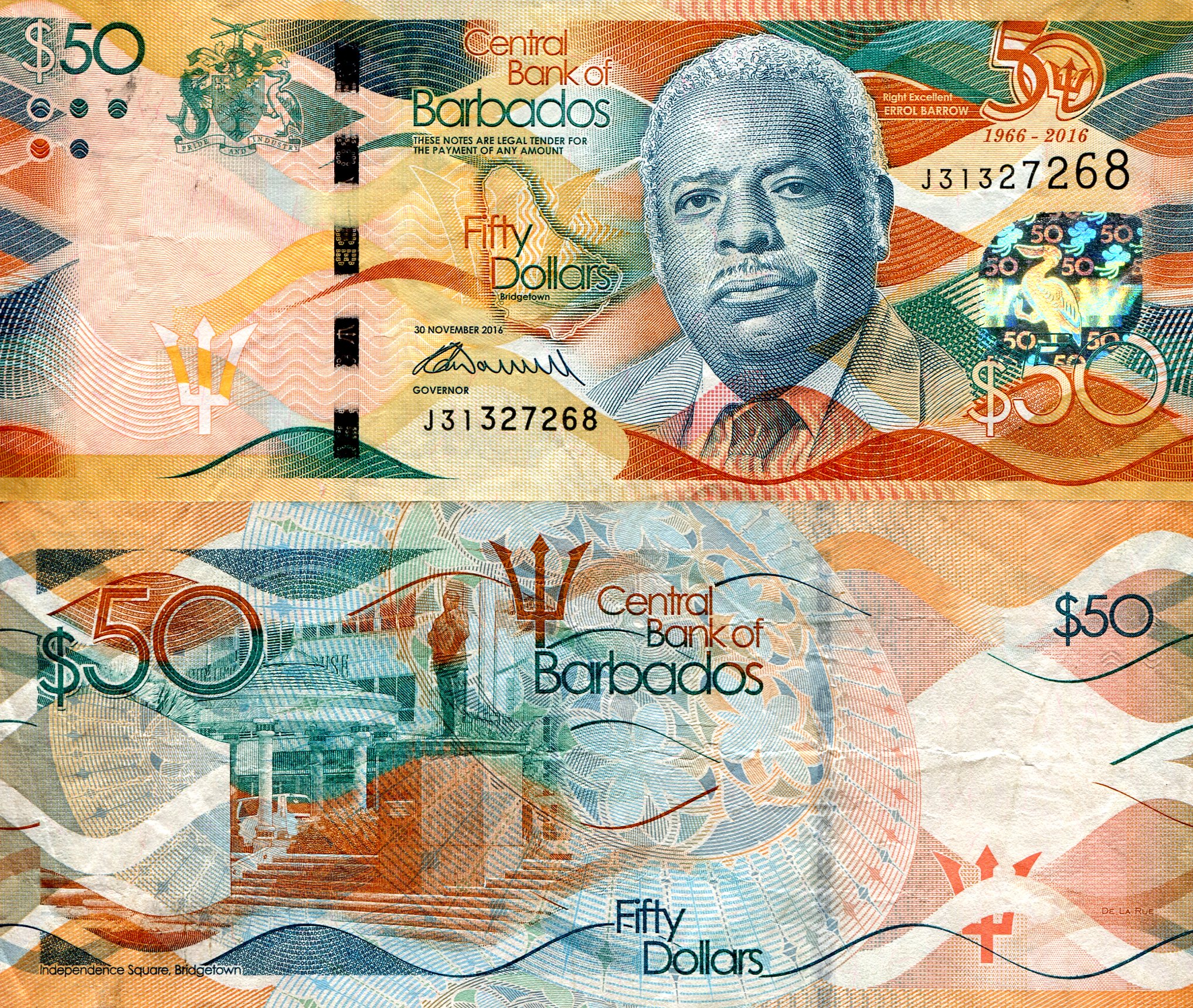 Barbados 50 Dollars F/VG (folds in note) pick #: 79a