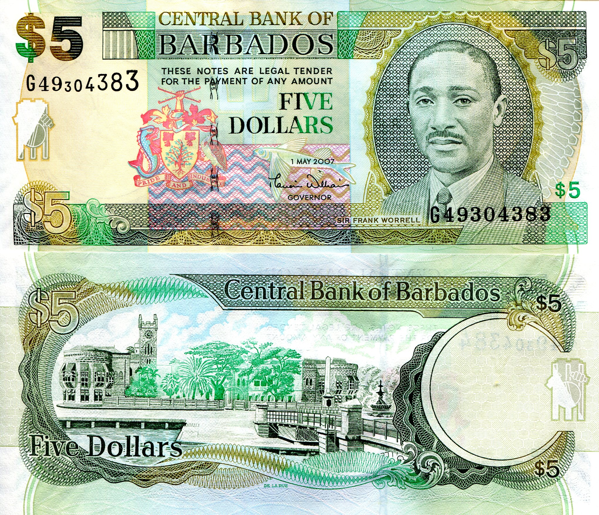 Barbados 5 Dollars UNC (Capping at Security strip) pick #: 67a