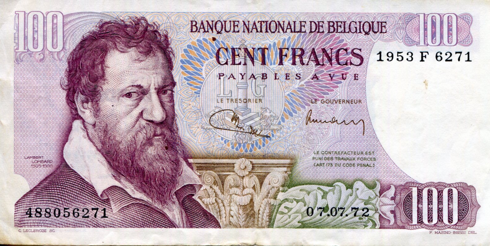 Belgium 100 Francs F (see large scan) pick #: 134a
