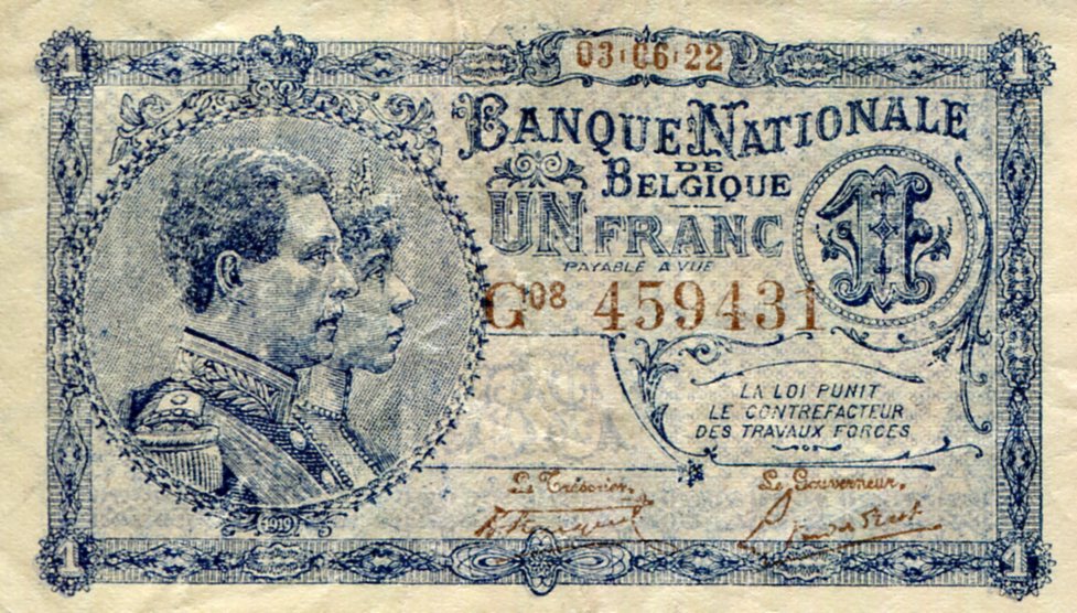 Belgium 1 Franc F/VG (See large scan) pick #: 92a