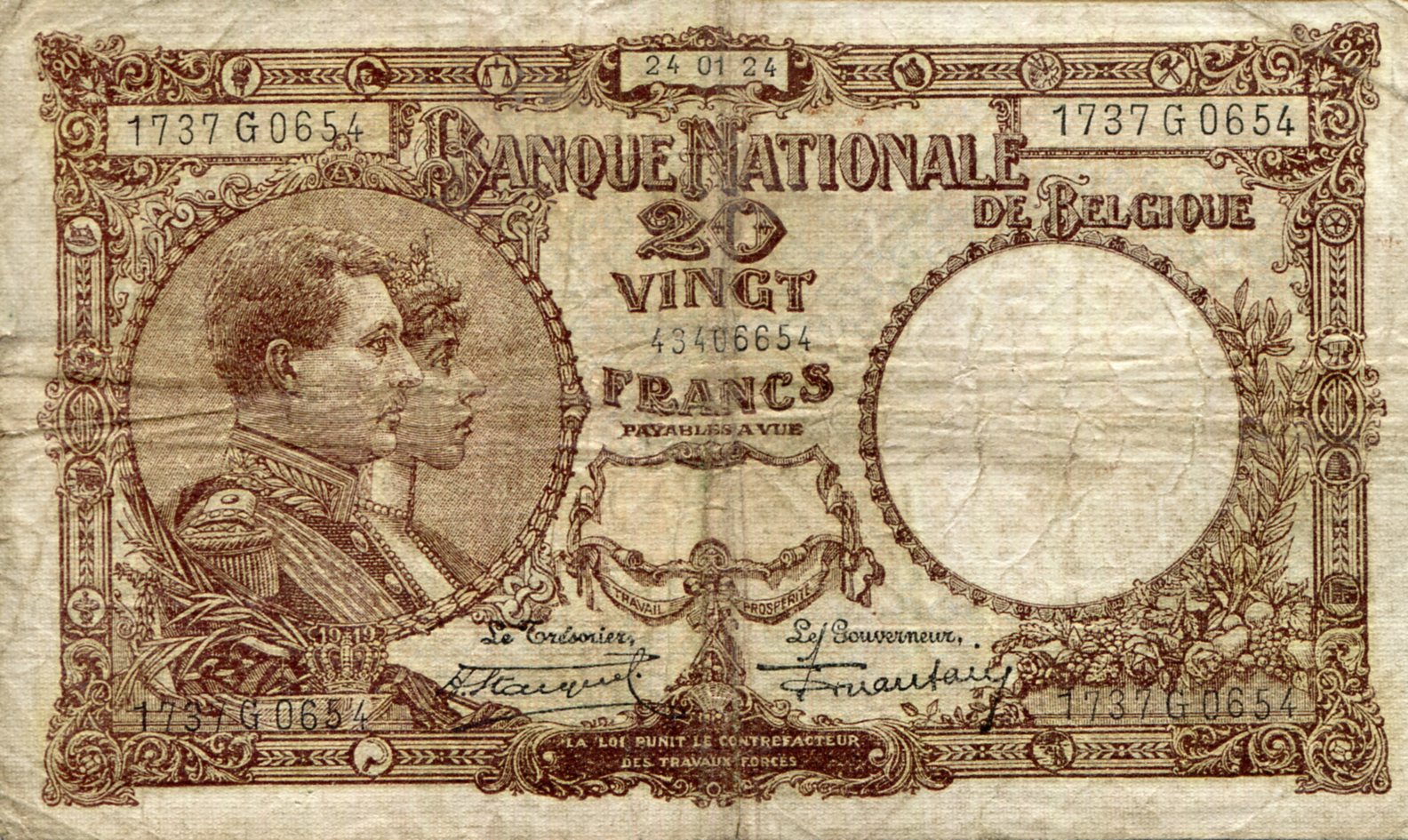 Belgium 20 Francs VG/G (See large scan) pick #: 94b