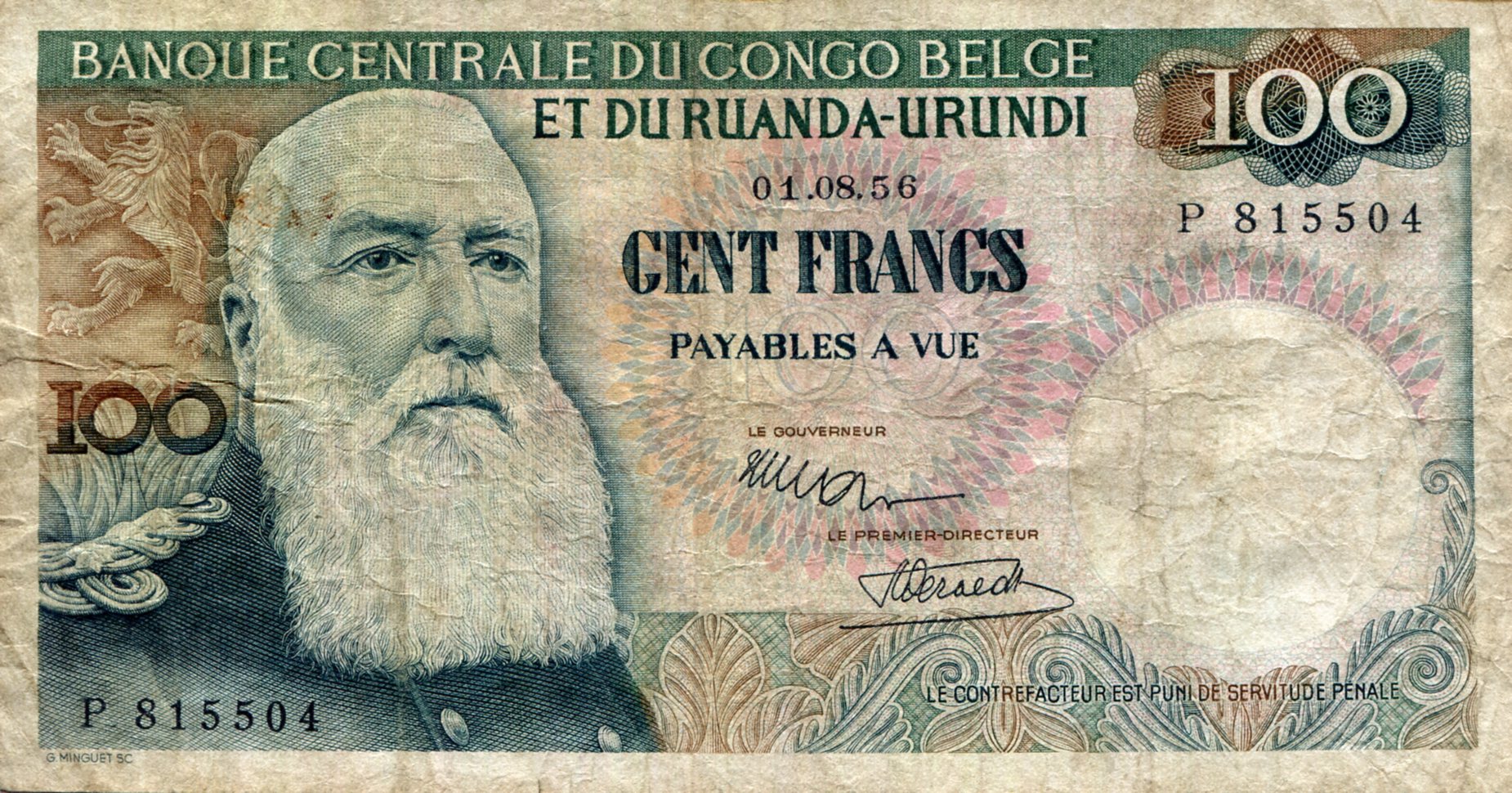 Belgian Congo 100 Francs F/VG+ (See large scan) pick #: 33a