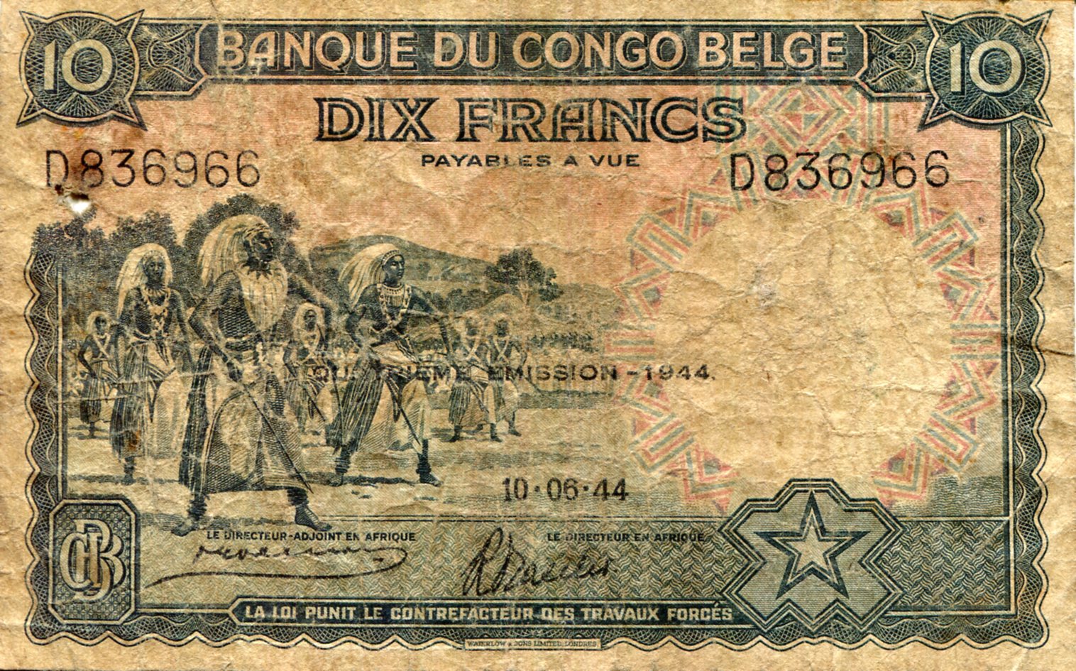 Belgian Congo 10 Francs VG (see large scan) pick #: 14D