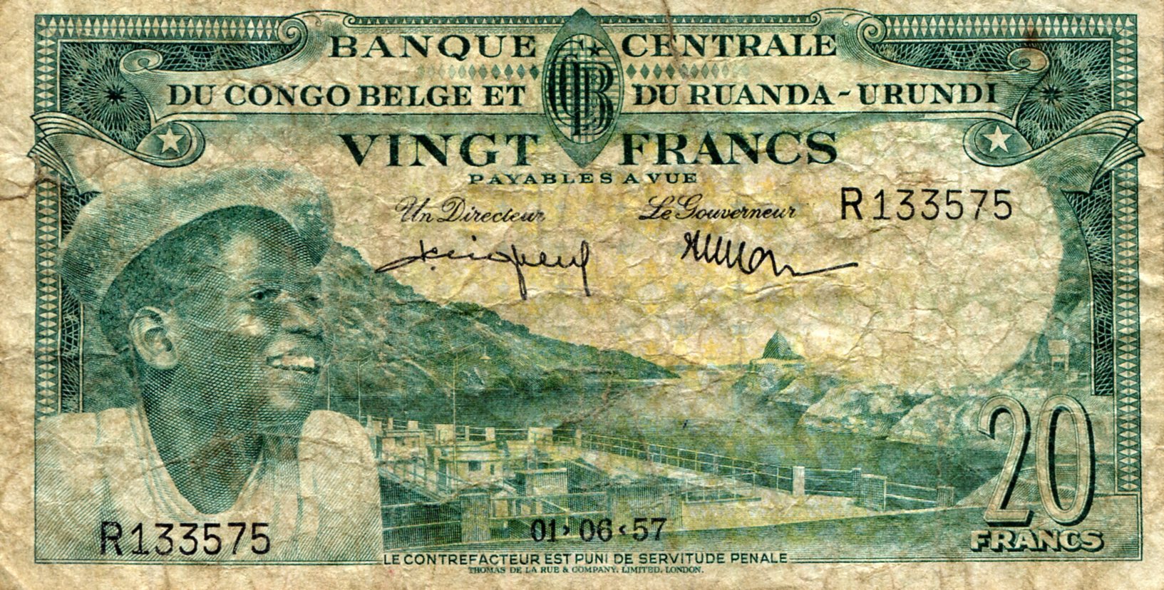 Belgian Congo 20 Francs VG (See large scan) pick #: 31d