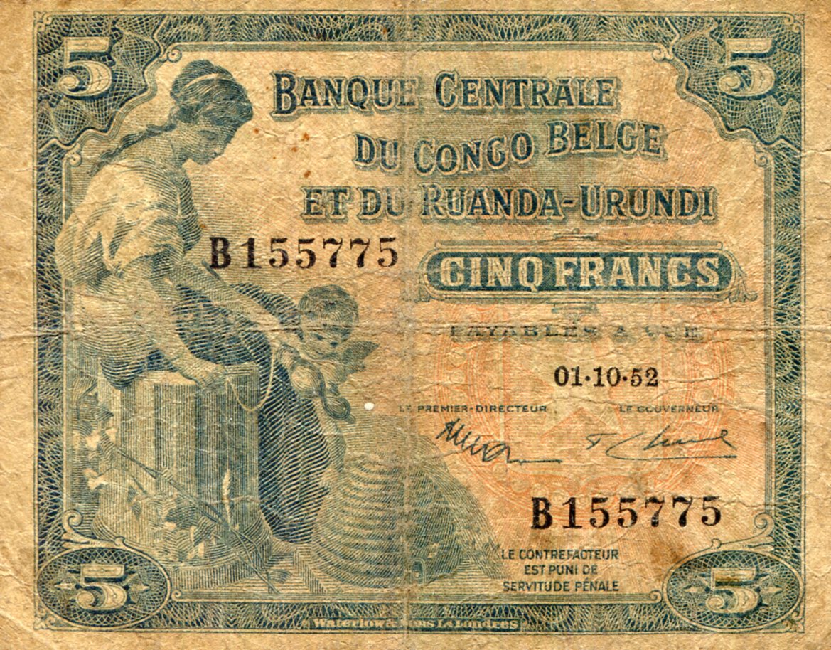 Belgian Congo 5 Francs VG (See large scan) pick #: 21a
