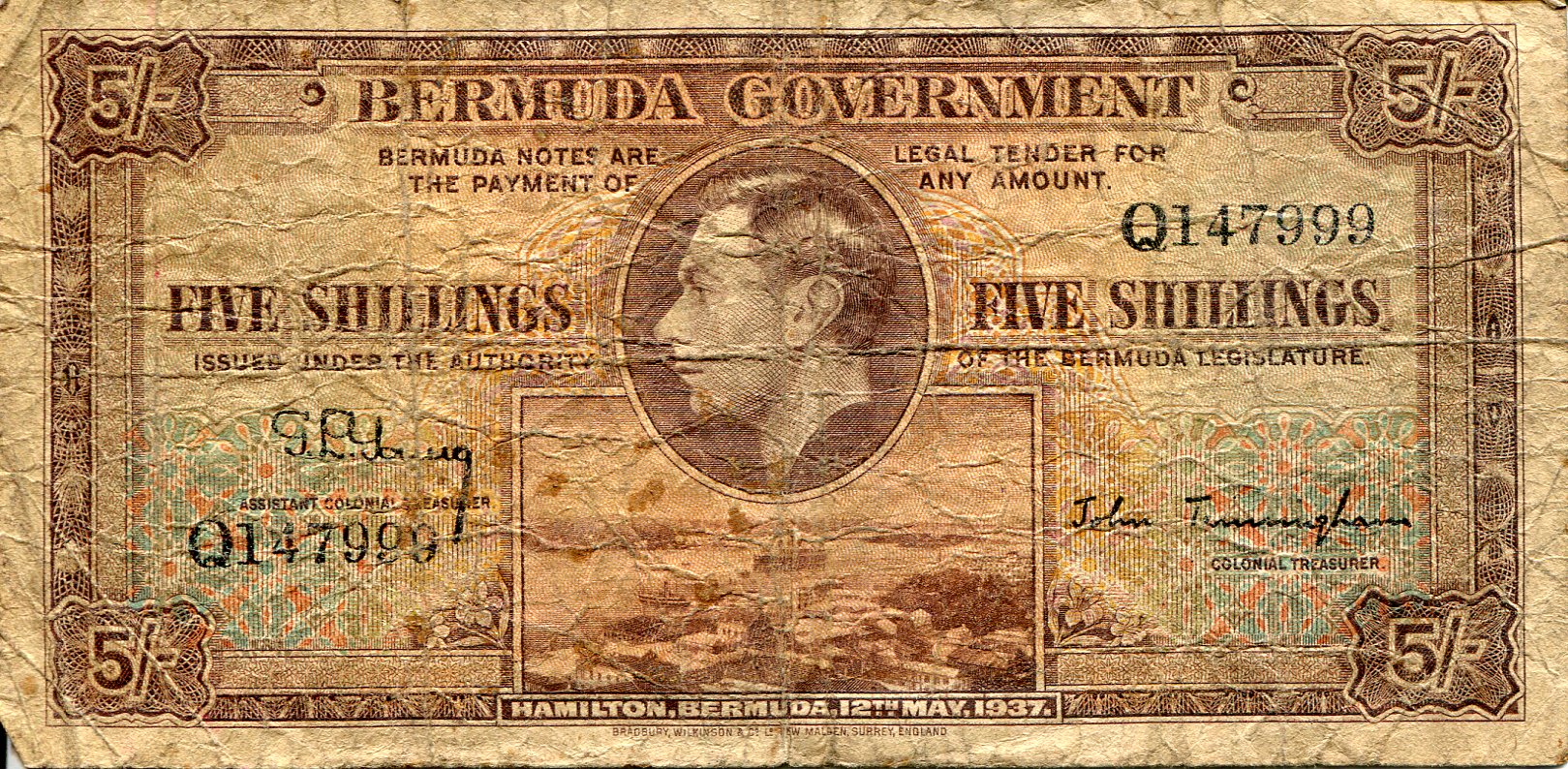 Bermuda  5 Shillings VG/G (see large scan) pick #: 8a