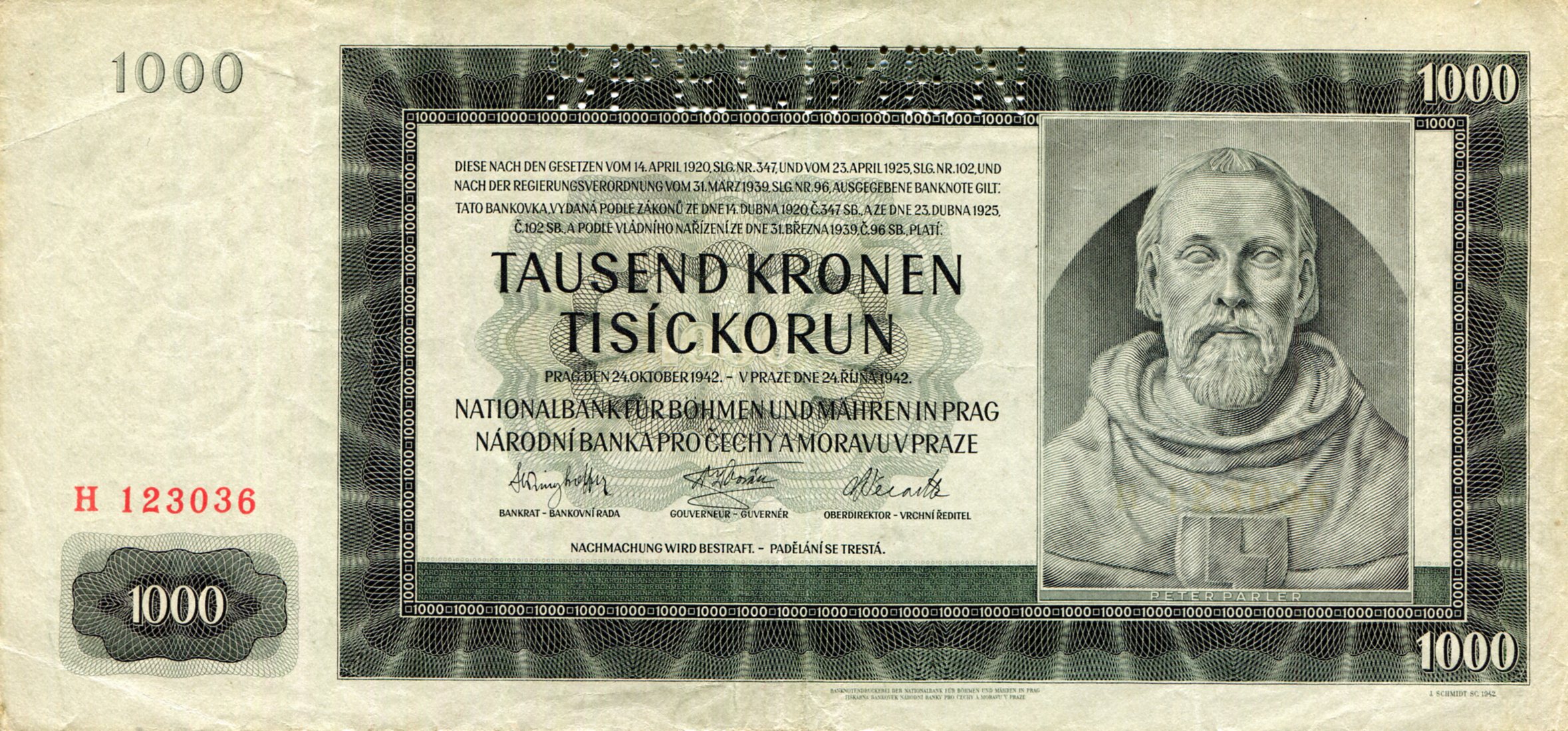 Bohemia & Moravia  1,000 Korun XF/VF (see large scan) pick #: 14s