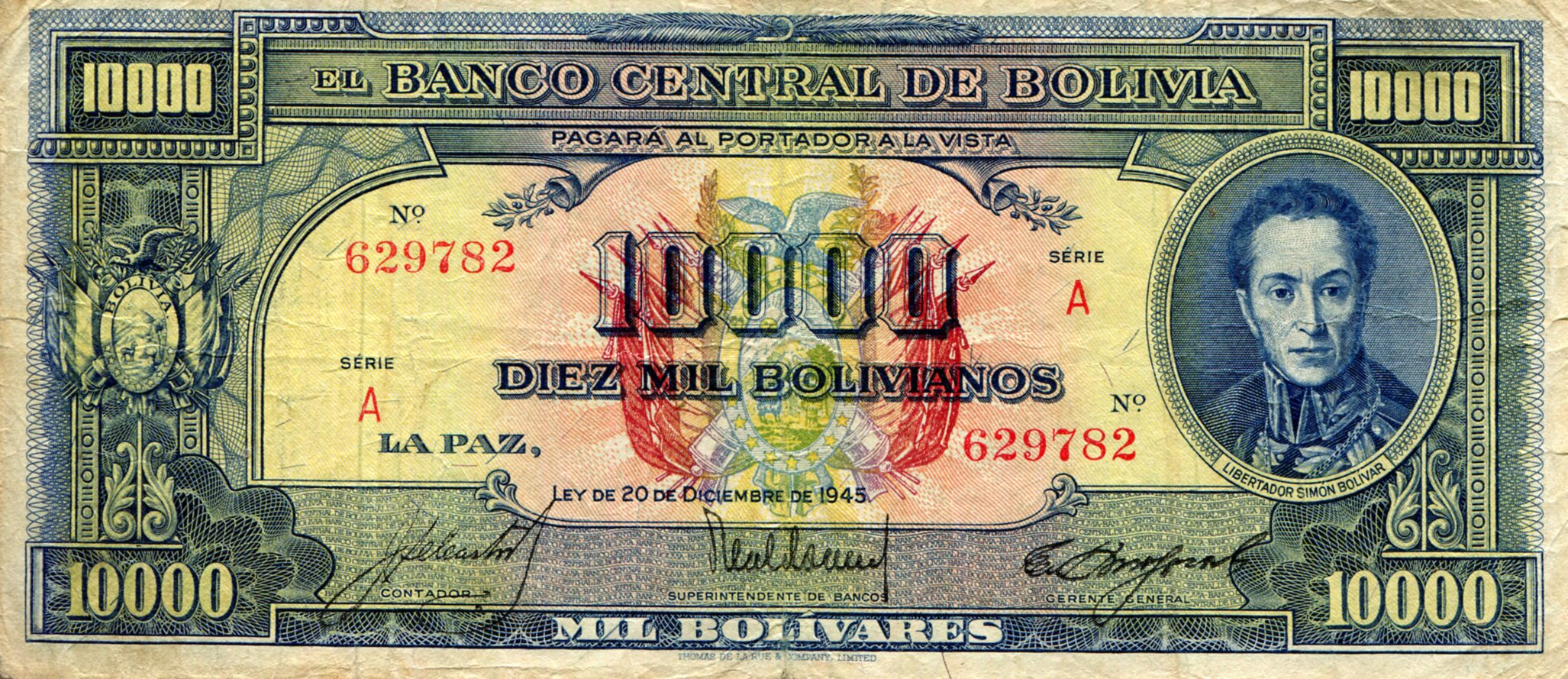 Bolivia  10,000 Bolivianos F/VG (see large scan) pick #: 146a
