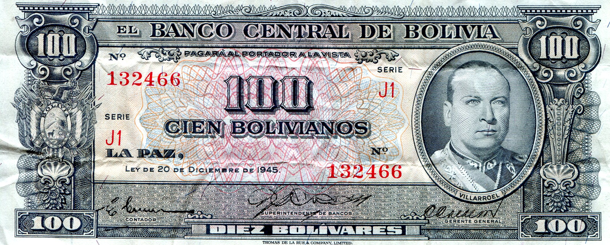 Bolivia  100 Bolivianos VF (Crinkly) pick #: 147a