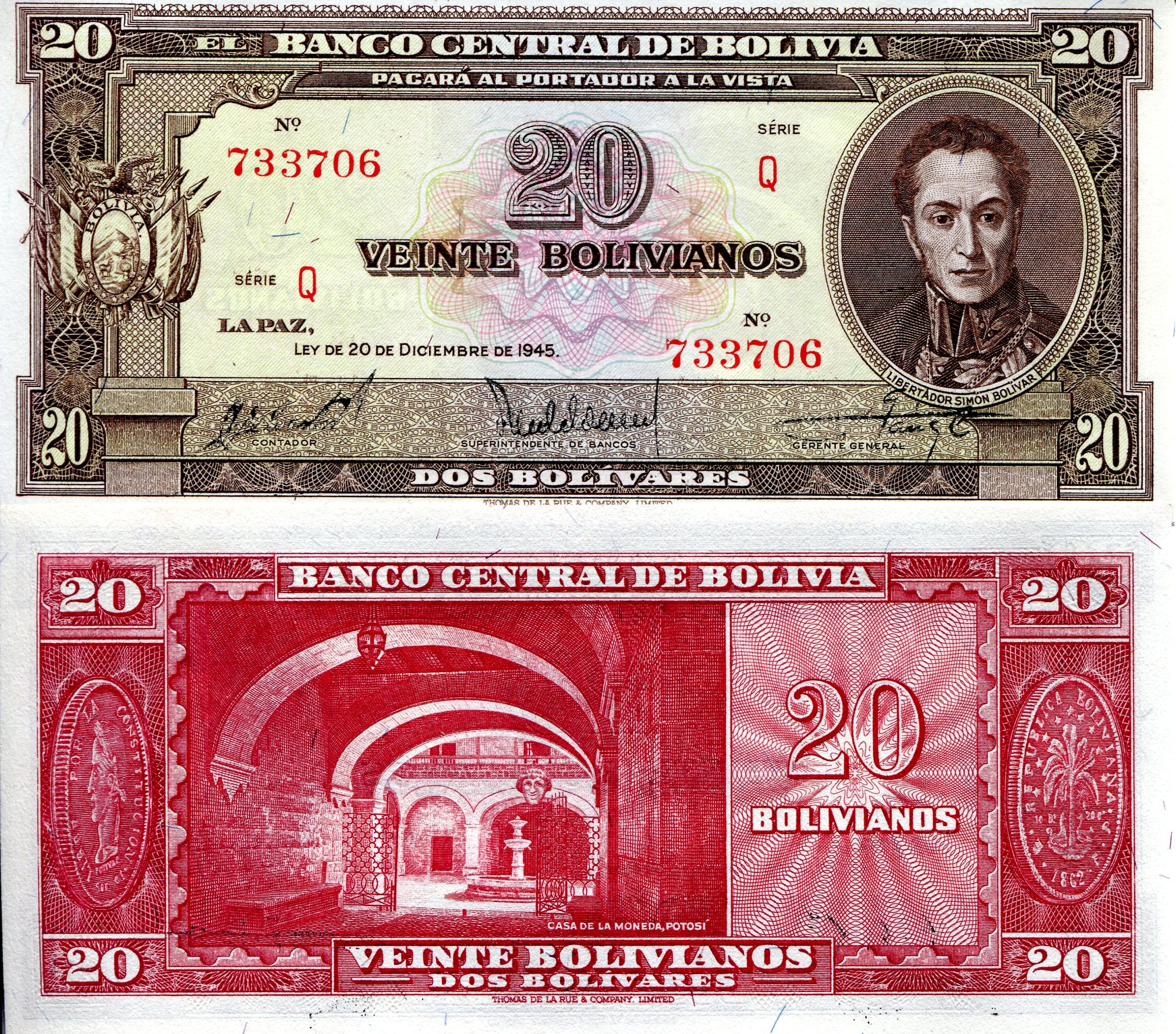 Bolivia  20 Bolivianos UNC pick #: 140a