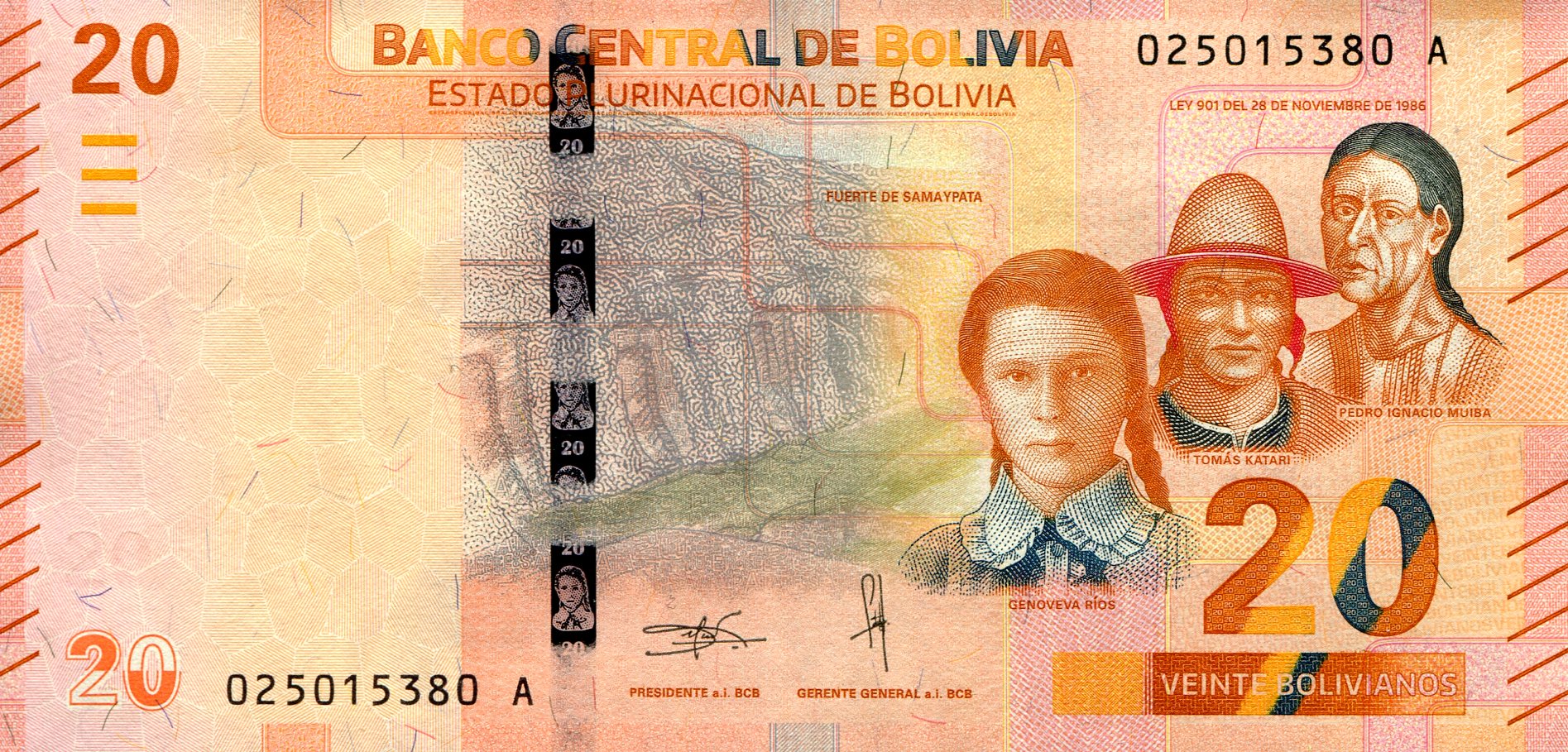 Bolivia  20 Bolivianos aUNC (Crinkly - water damaged) pick #: 249