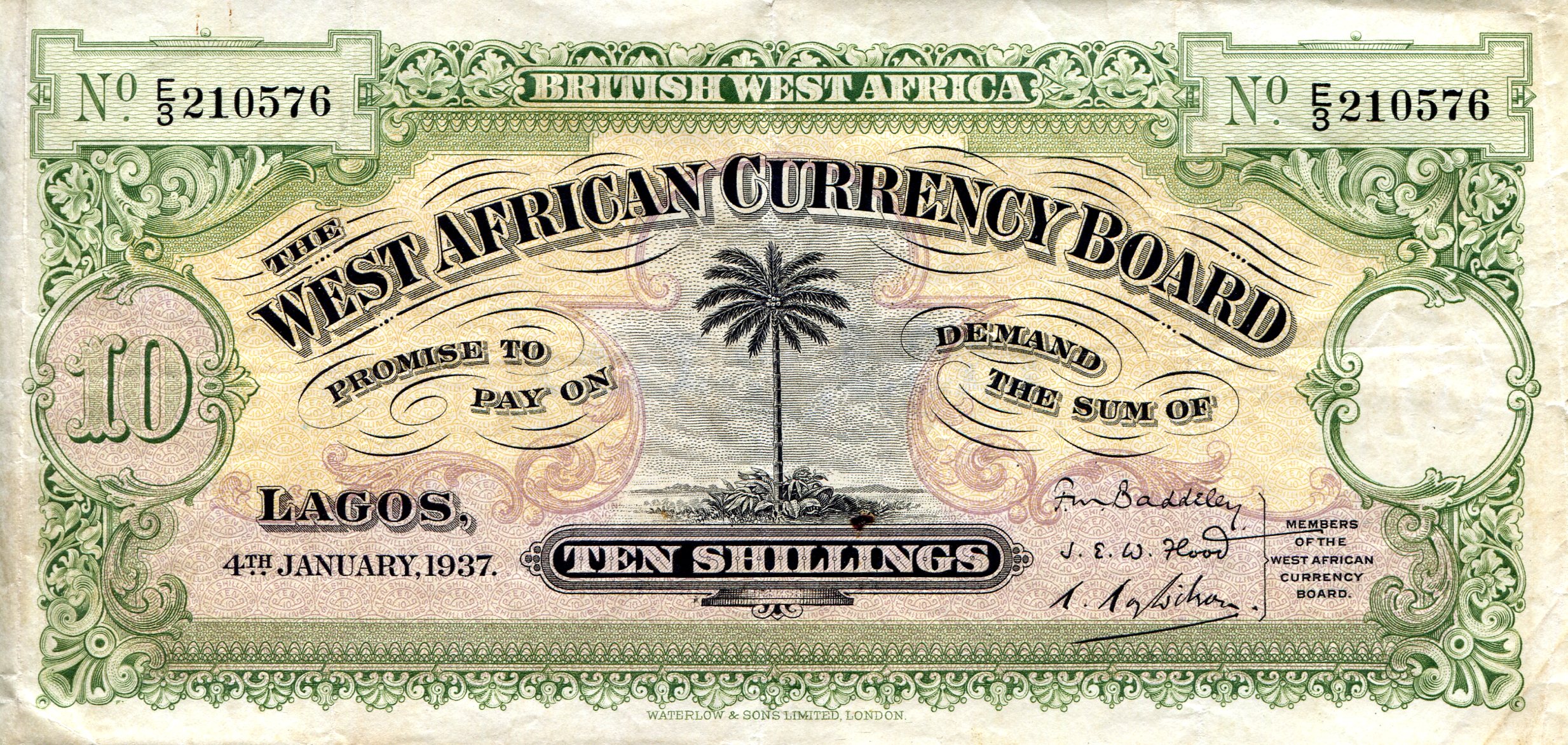 British West Africa 10 Shillings F (Hard folds in note) pick #: 7d