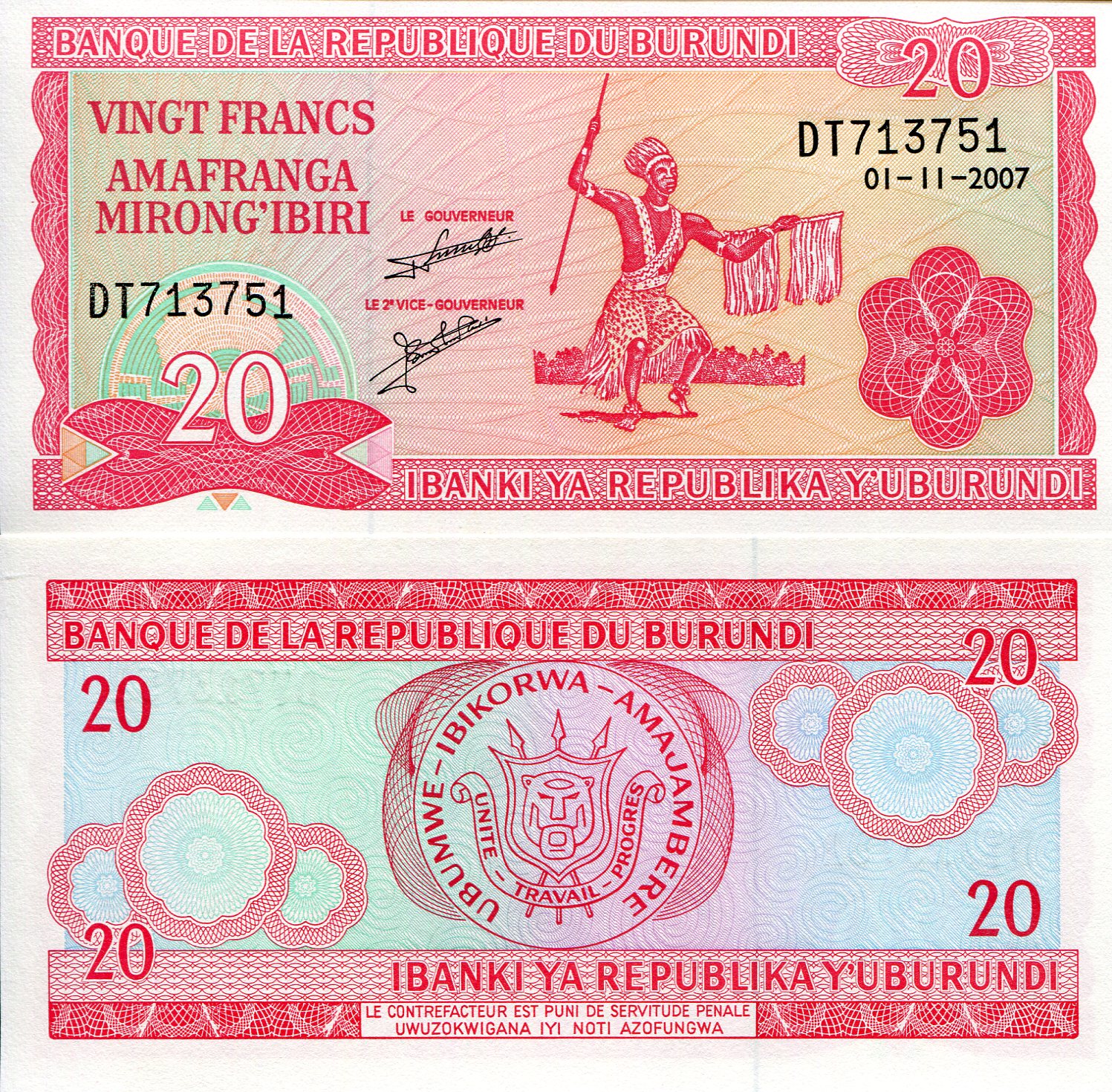 Burundi 20 Francs UNC pick #: 27n