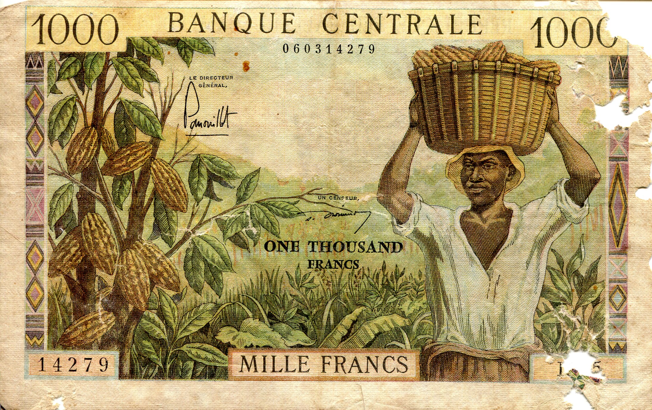 Cameroun 1,000 Francs G/Poor (see large scan) Holes/edge issues pick #: 12b