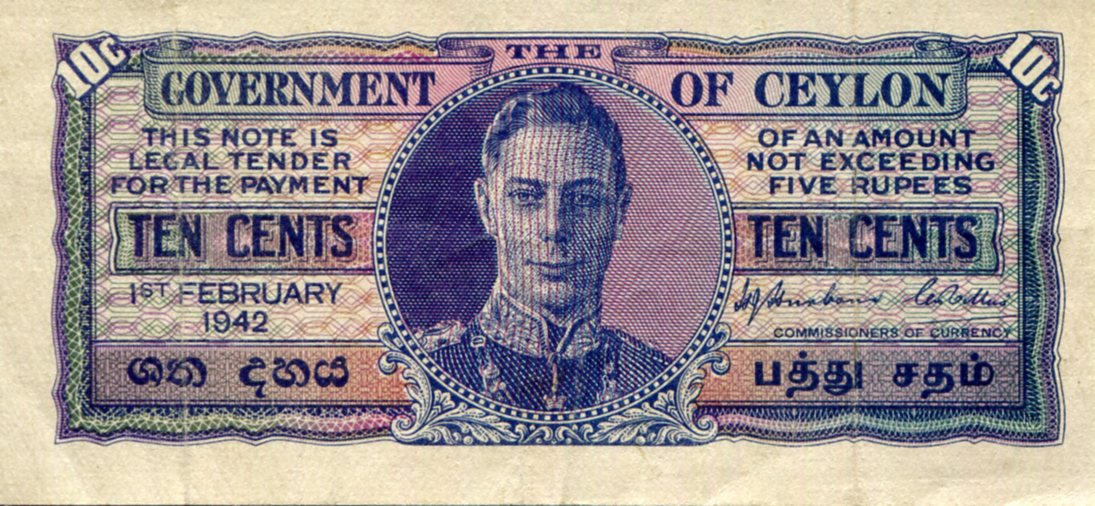 Ceylon 10 Cents F+ (See large scan) pick #: 43a
