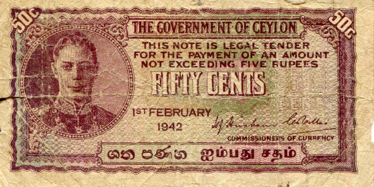 Ceylon 50 Cents VG (See large scan) pick #: 45a