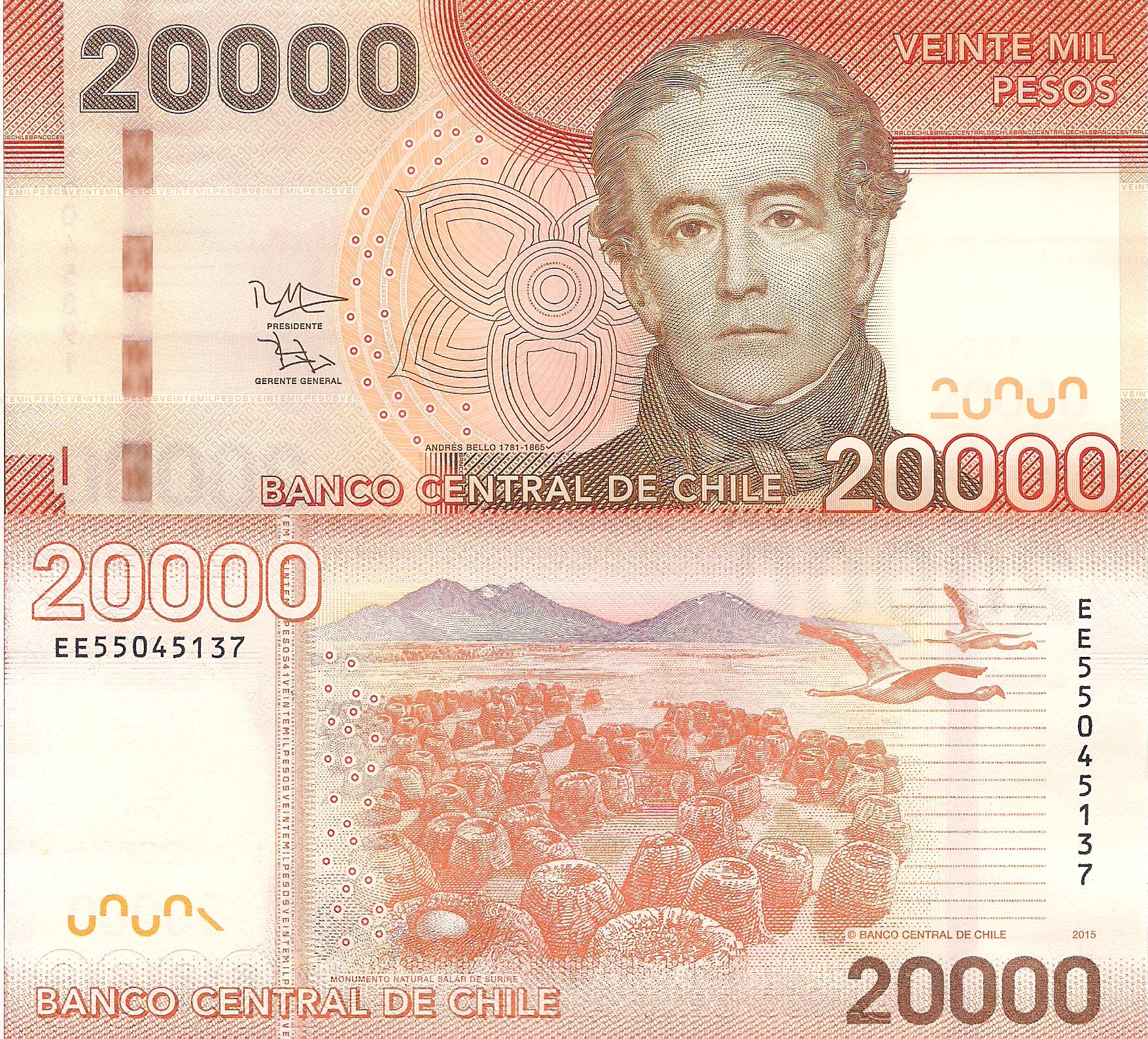 Chile 20,000 Pesos UNC pick #: 165e
