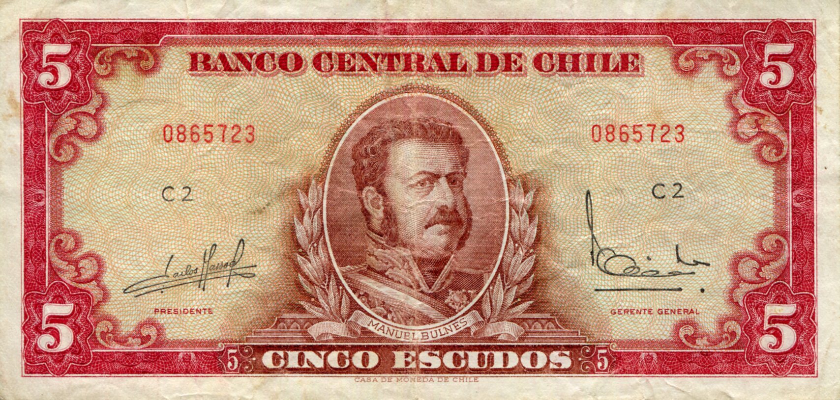 Chile 5 Escudos F (see large scan) pick #: 138c