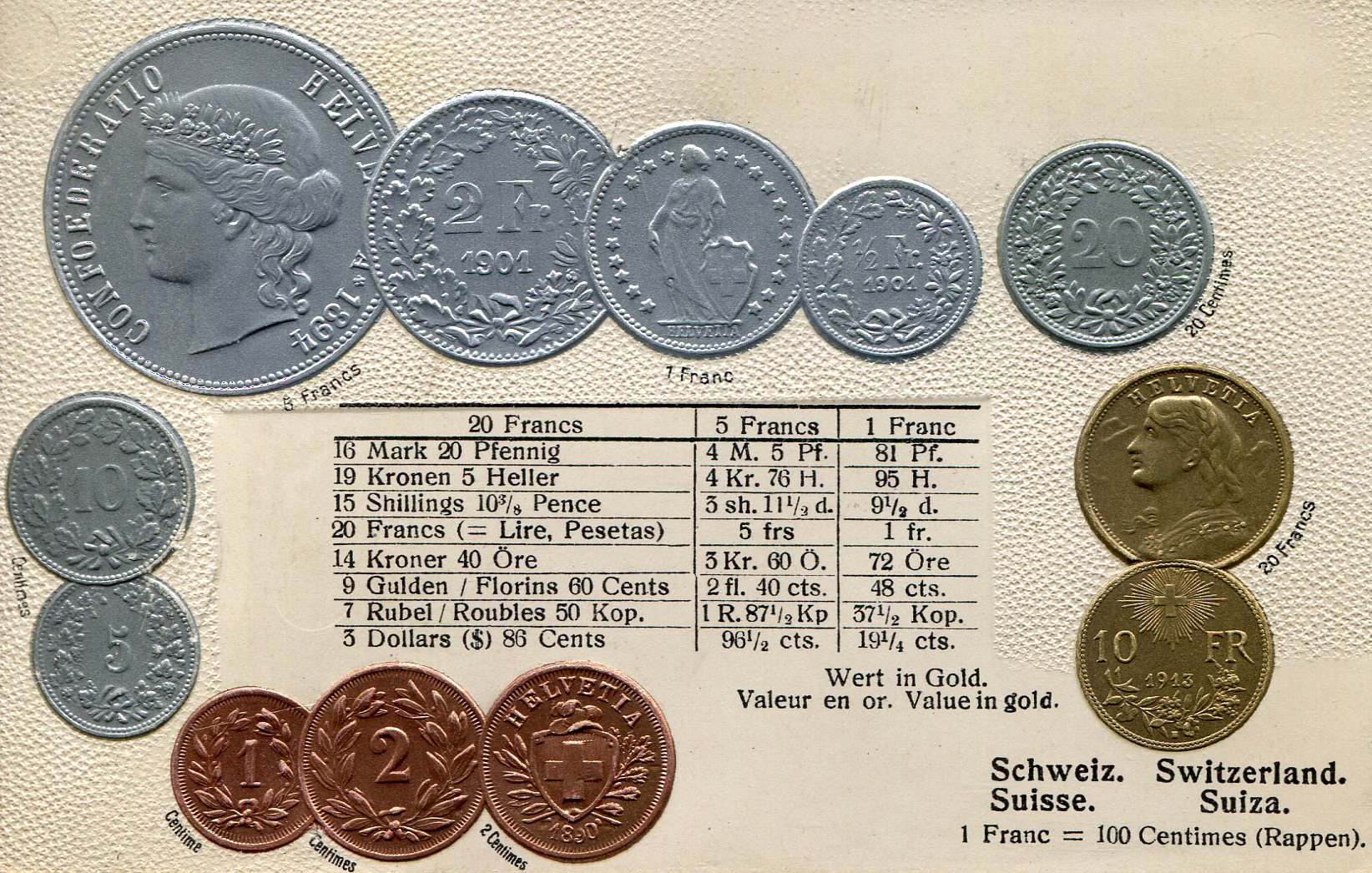 Switzerland  Flag; Coin represented in card (not real coins); Conversion table of coin value to other countries - This is a pre 1905 Postcard (Over 100 years old)