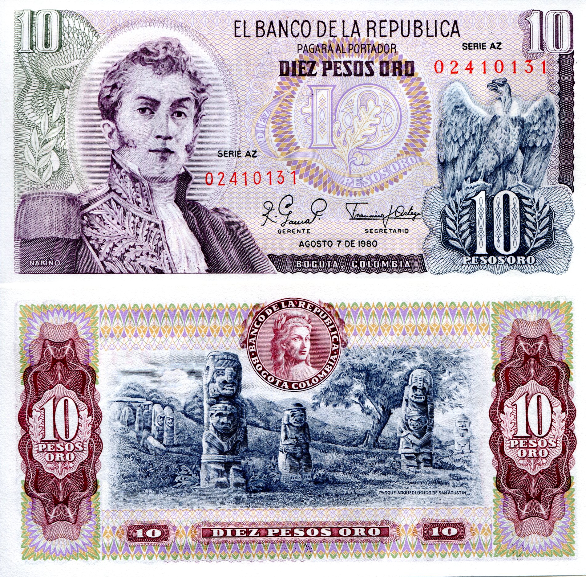 Colombia  10 Pesos aUNC (small mark on RH edge) pick #: 407h