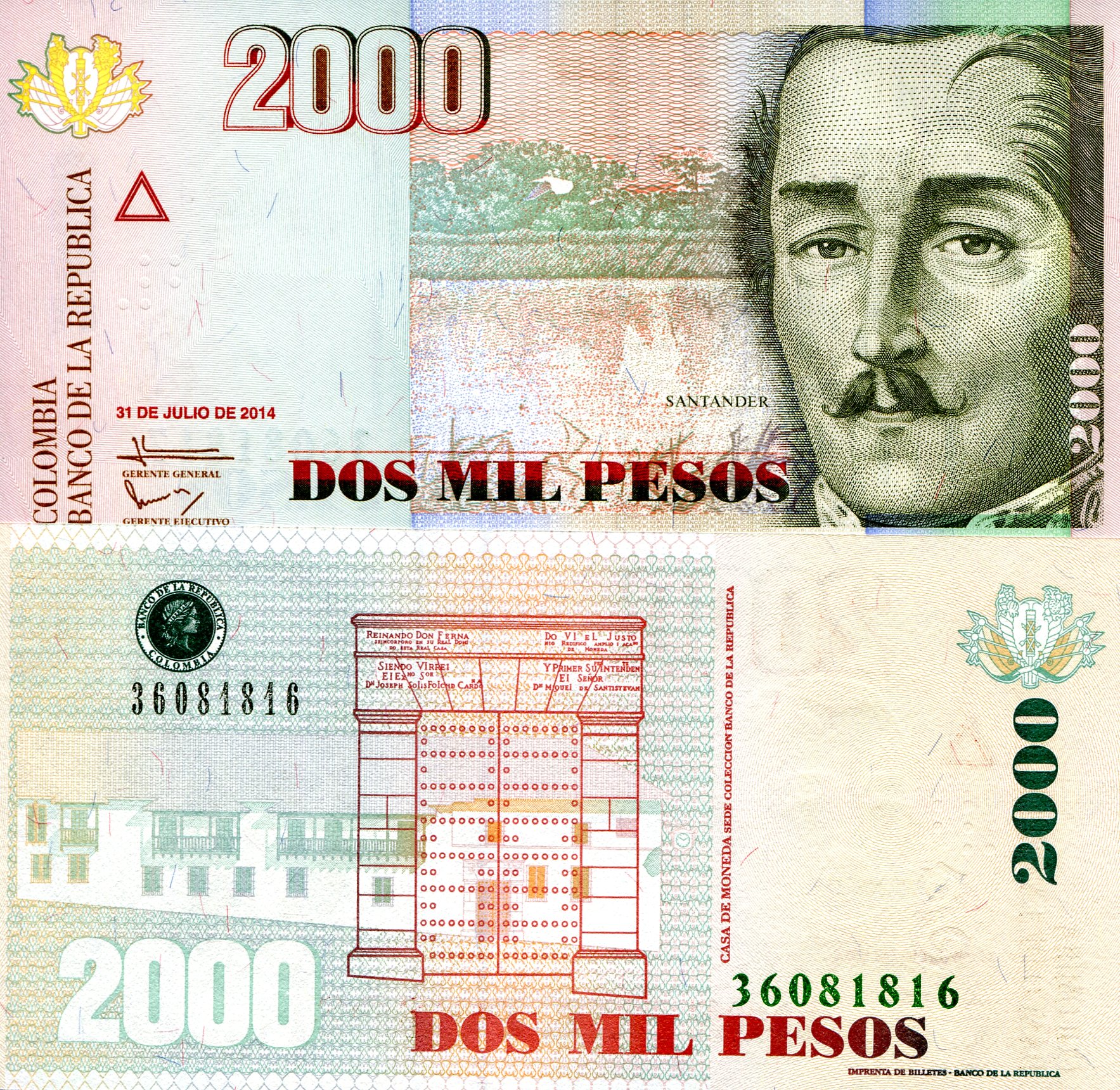 Colombia  2,000 Pesos UNC pick #: 457z