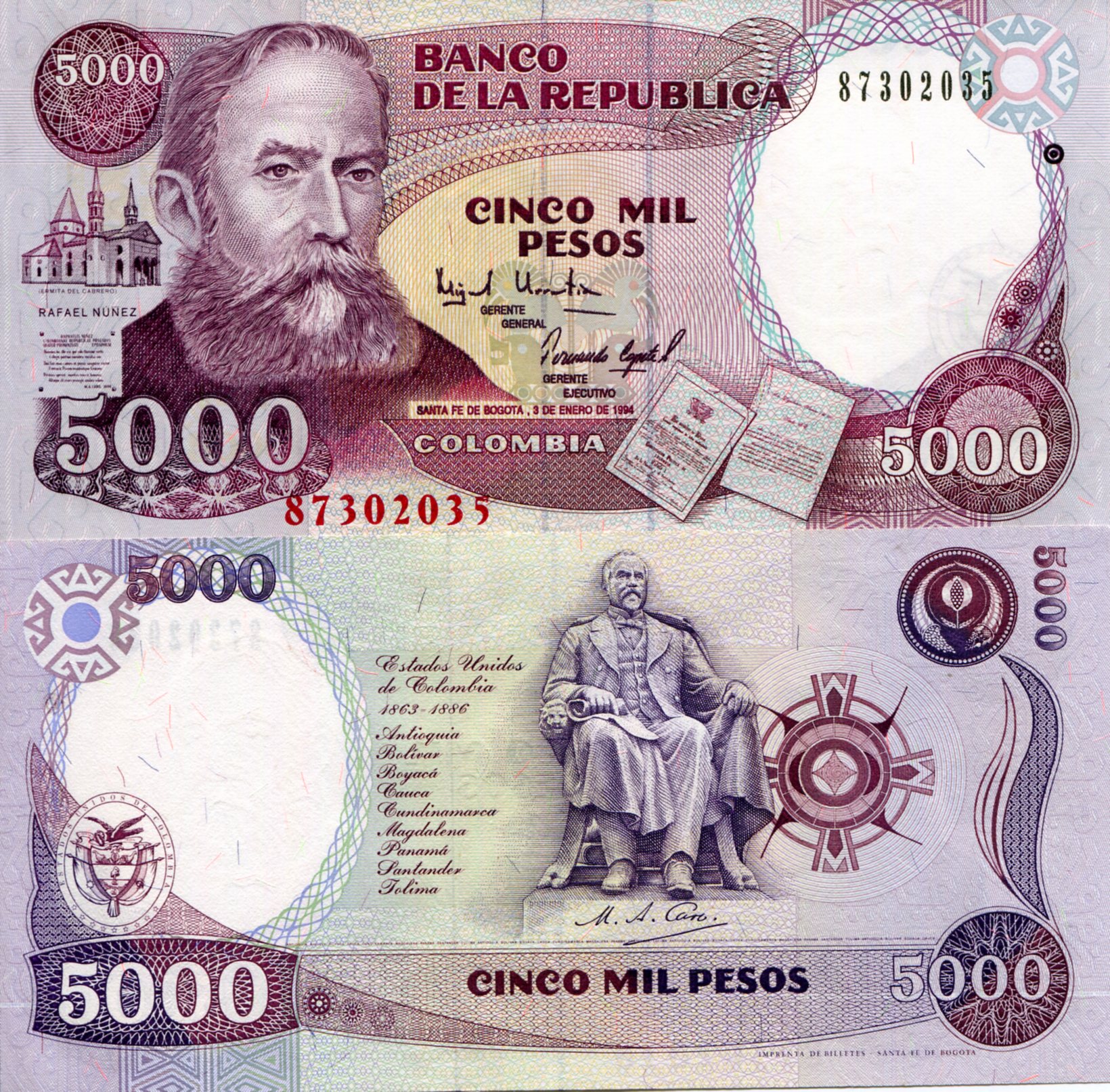 Colombia  5,000 Pesos UNC pick #: 440a