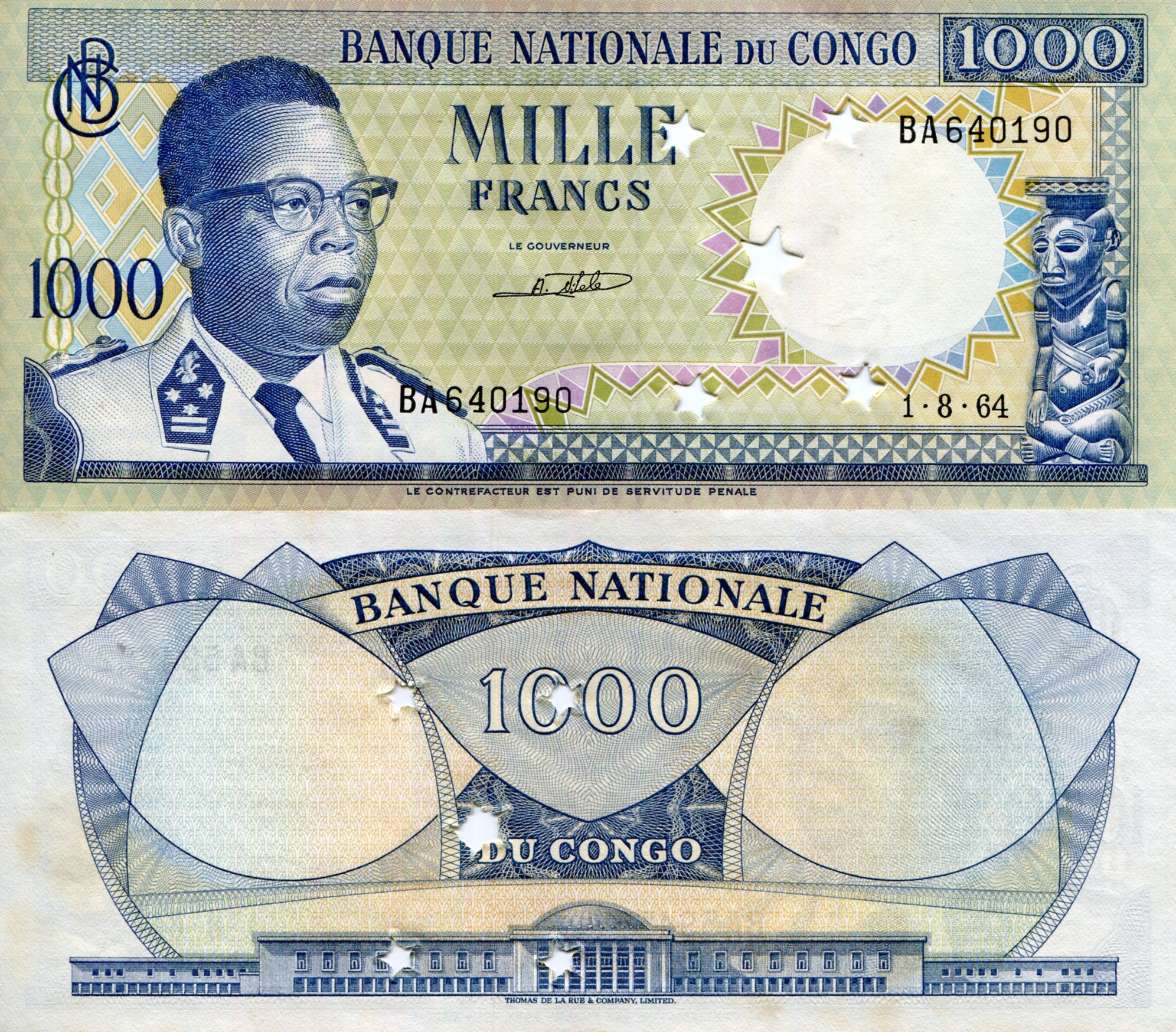 Congo Democratic Republic 1000 Francs aUNC/XF pick #: 8