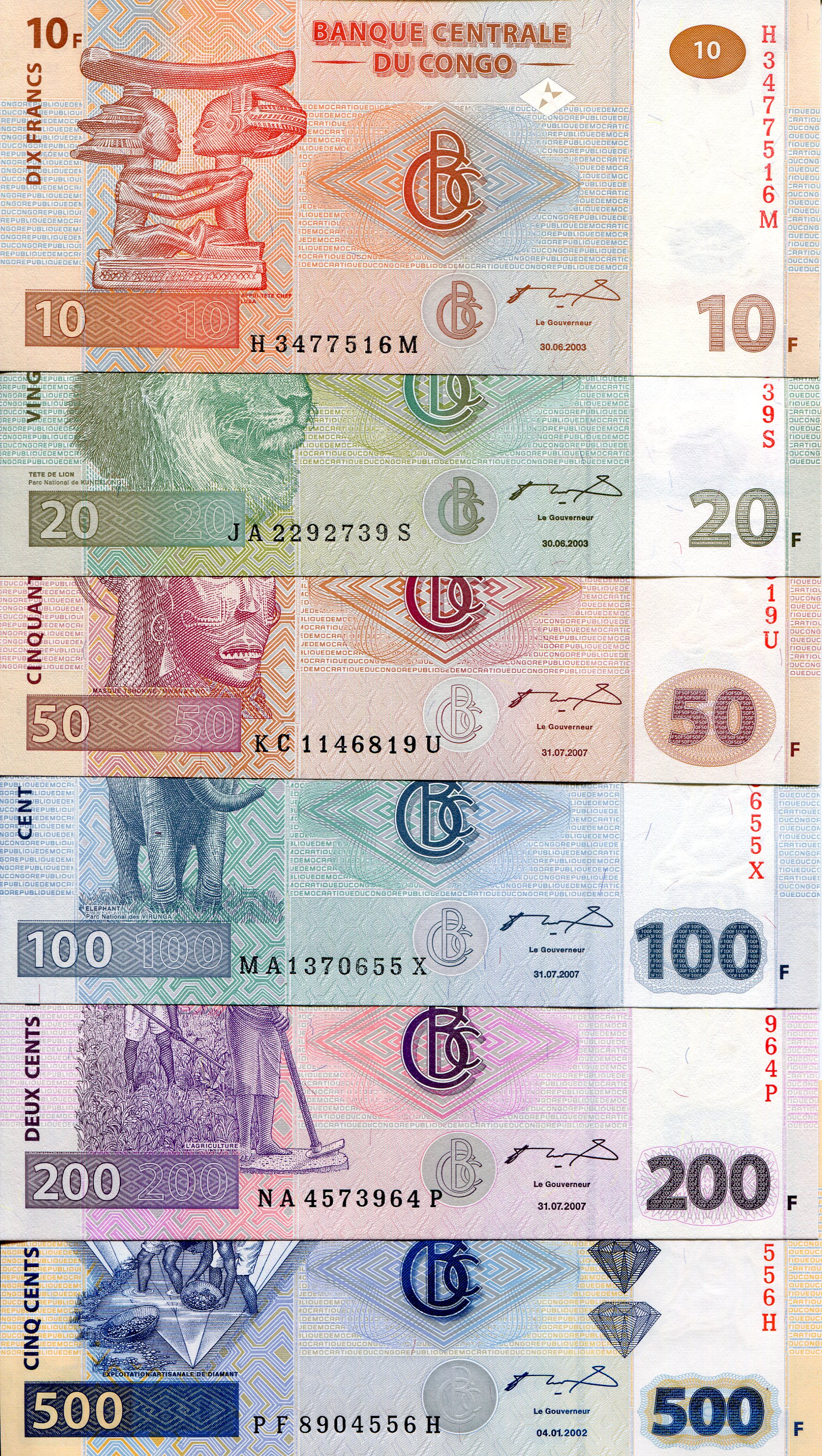 Congo Democratic Republic 10-500 Francs UNC pick #: 93, 94, 97, 98, 99, 96