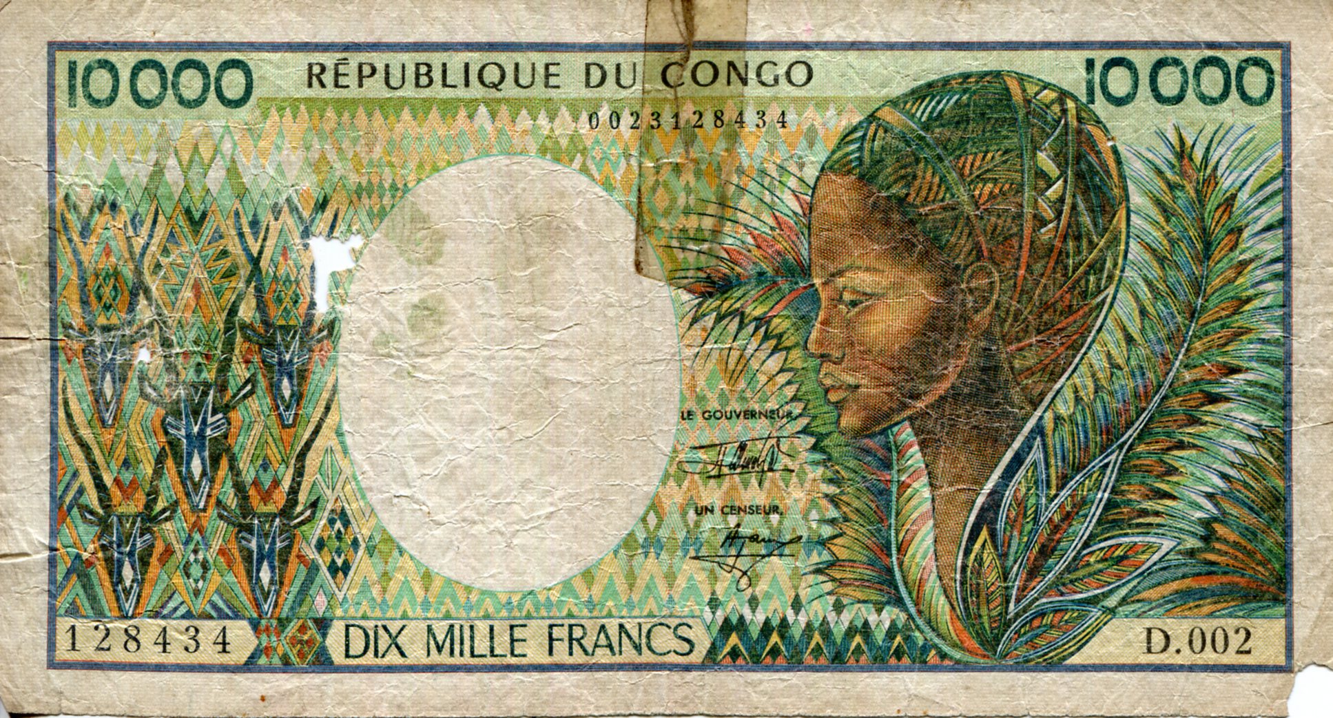 Congo Republic 10,000 Francs G/Poor (see large scan) pick #: 13a