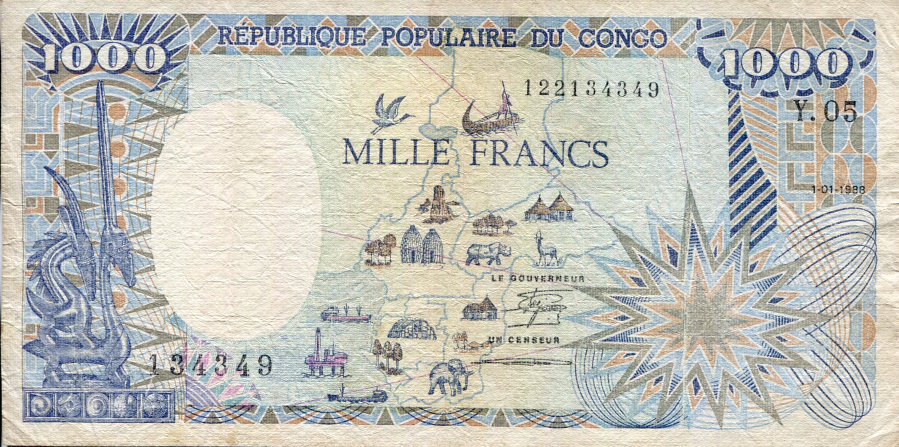 Congo Republic 1,000 Francs F/VG (see large scan) pick #: 10b
