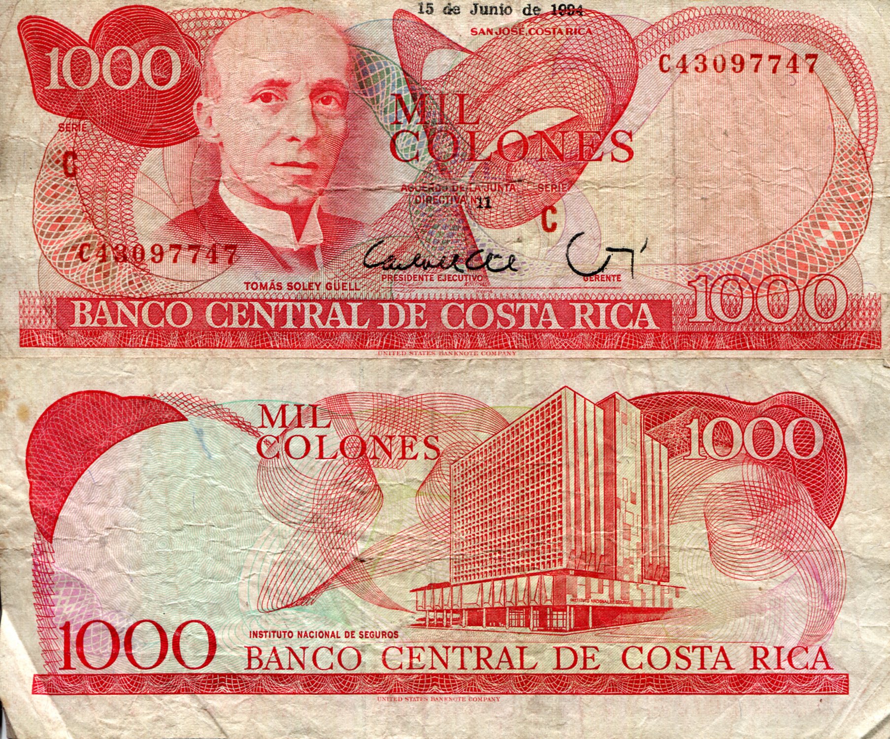 Costa Rica  1,000 Colones VG (See large scan) pick #: 259j