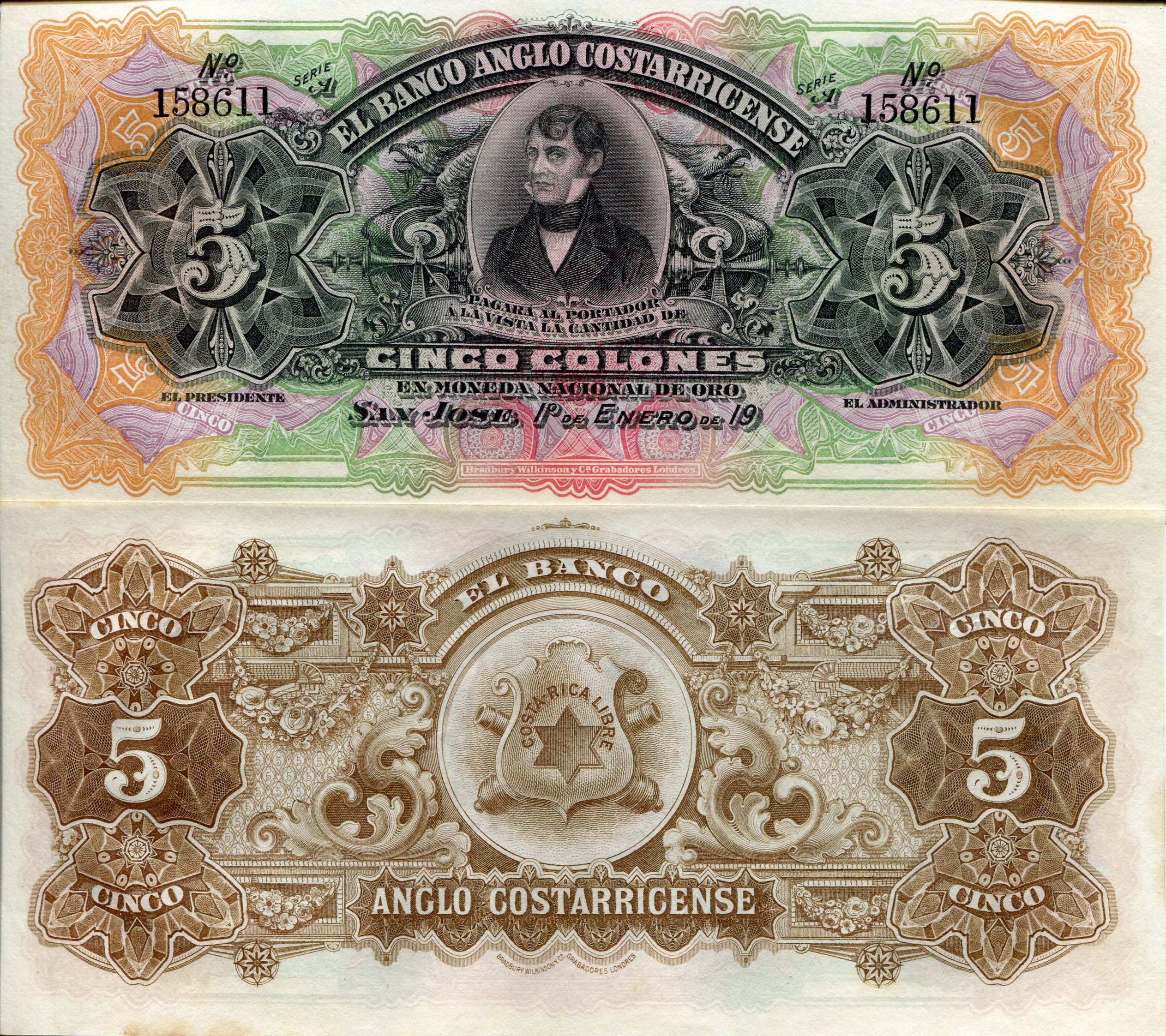 Costa Rica  5 Colones XF (see large scan) pick #: s122r