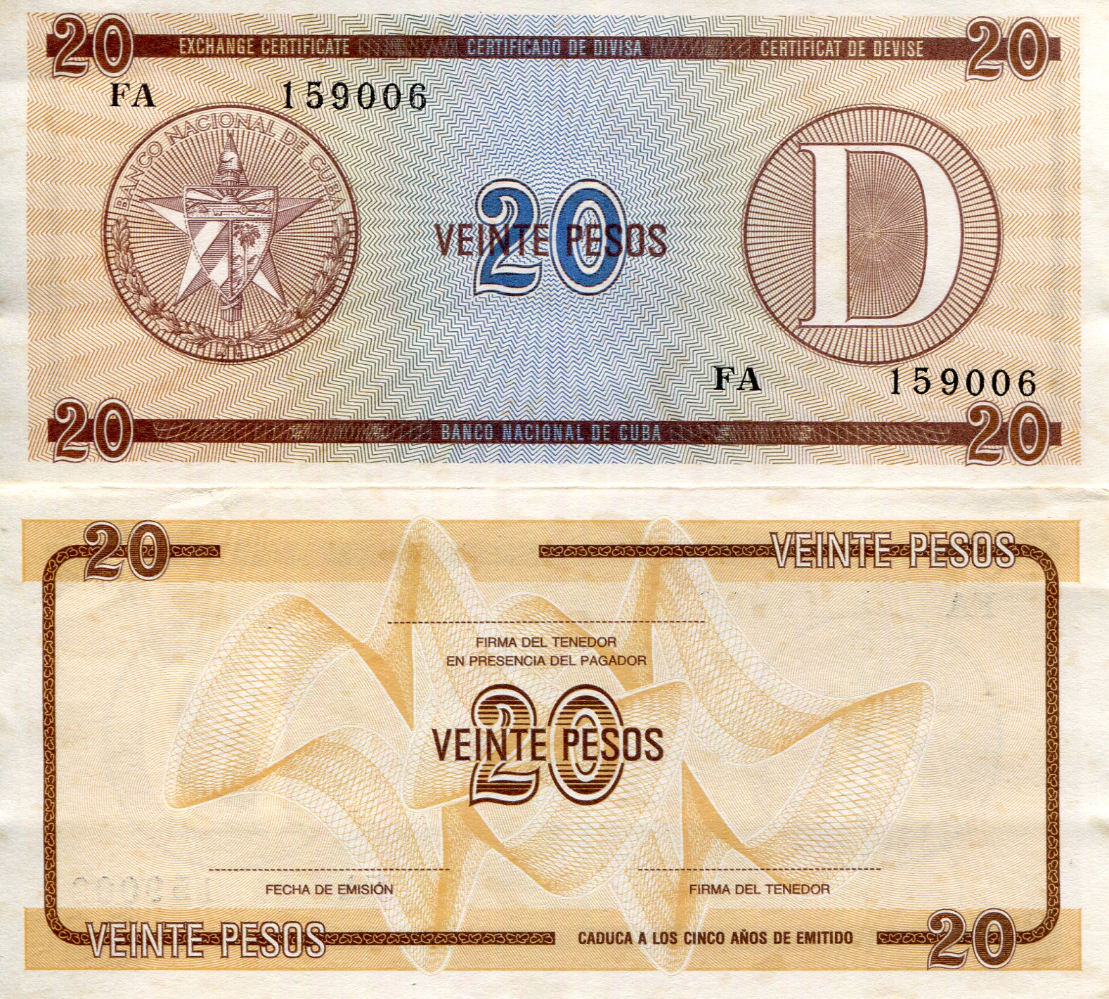 Cuba 20 Pesos XF (see large scan) pick #: FX36