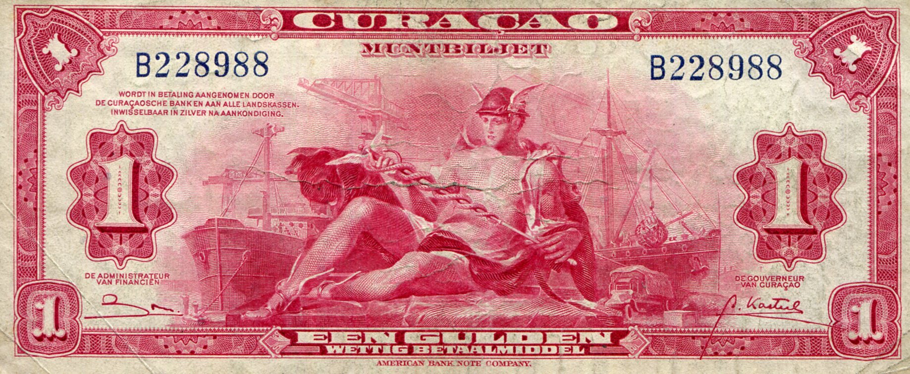 Curacao 1 Gulden VF/F (see large scan) pick #: 35b