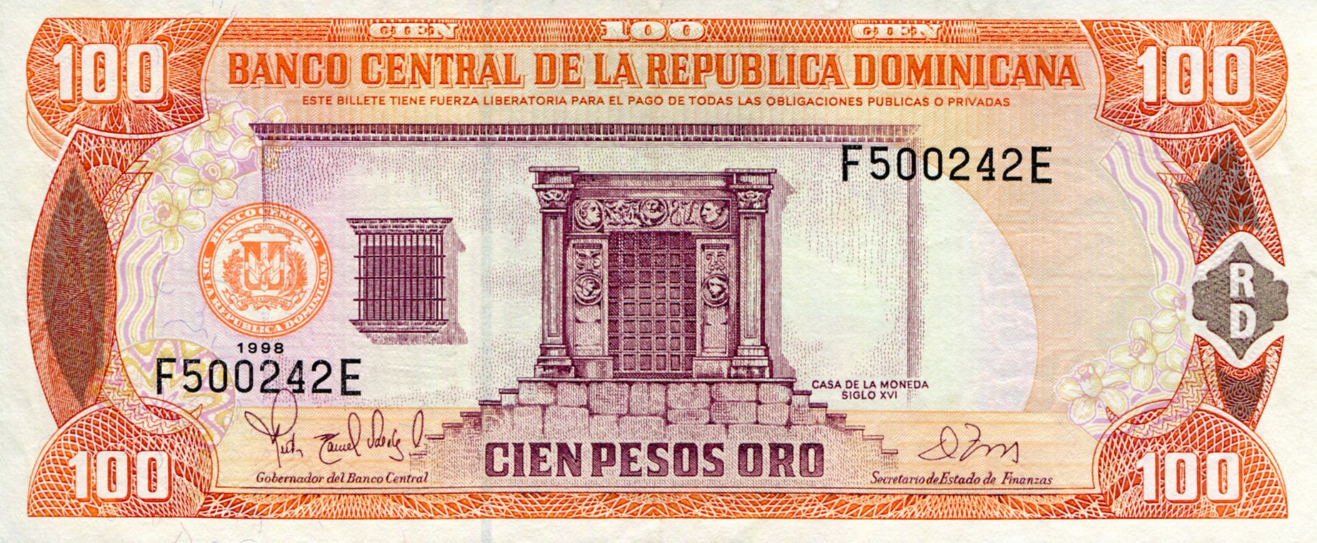Dominican Republic 100 Pesos Oro XF (see large scan) pick #: 156b