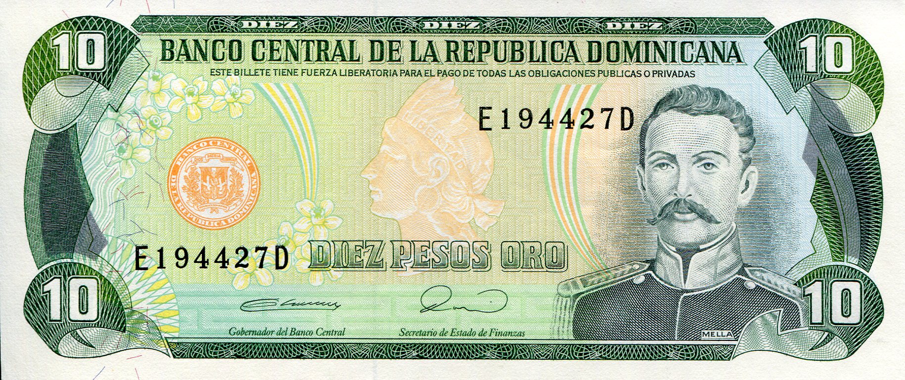 Dominican Republic 10 Pesos Oro aUNC (small corner issue) pick #: 132a
