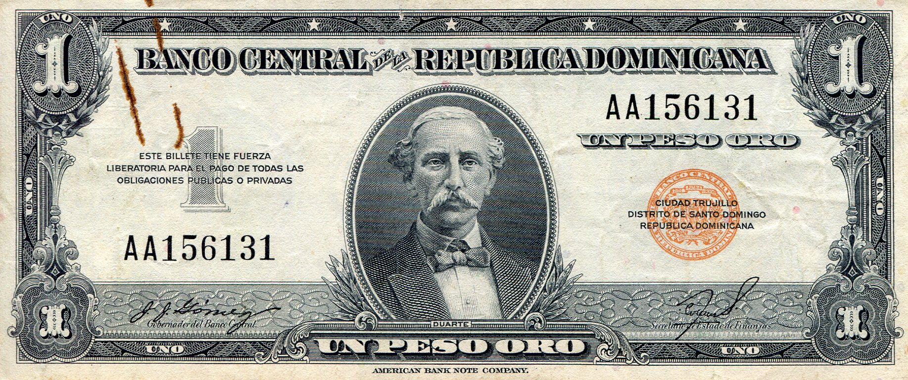 Dominican Republic 1 Peso Oro F/VG (See large scan - paperclip mark) pick #: 60f